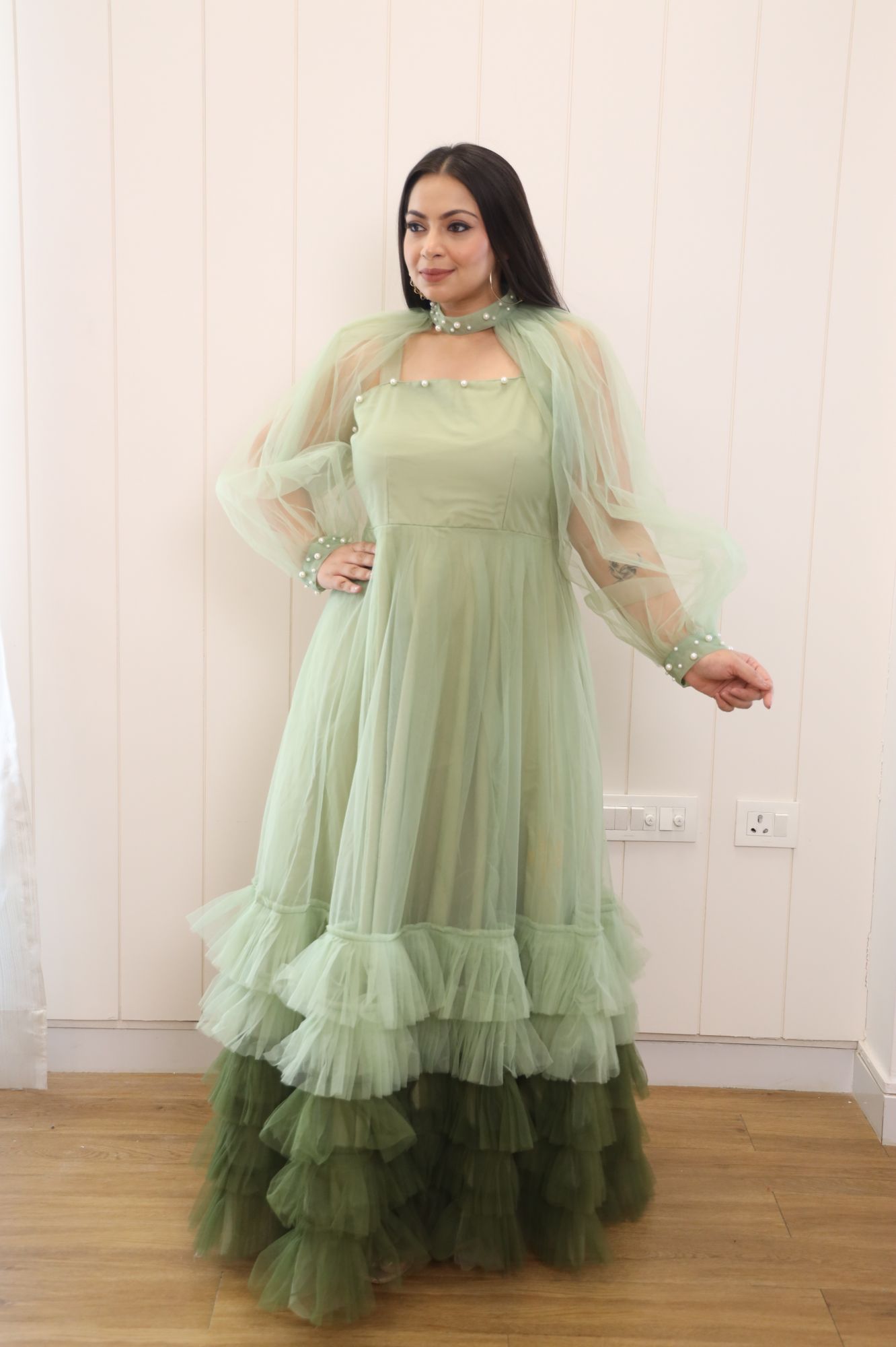 Shades Of Green Net Frill Gown With Collarband