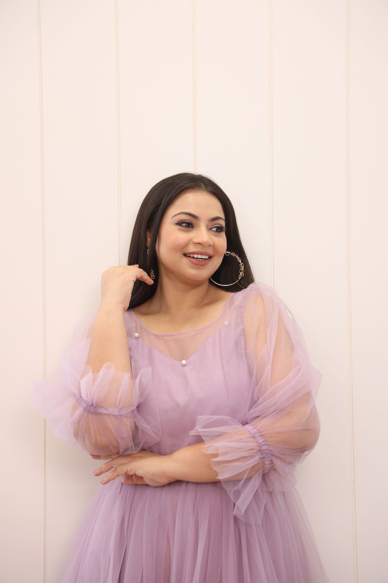 Dusty Lavender Pearl Net Frill Gown