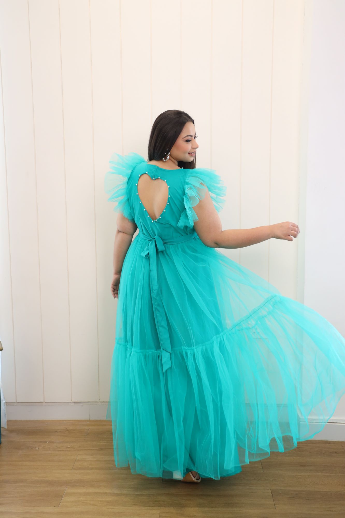 Blue Heart Pearl Net Frill Gown