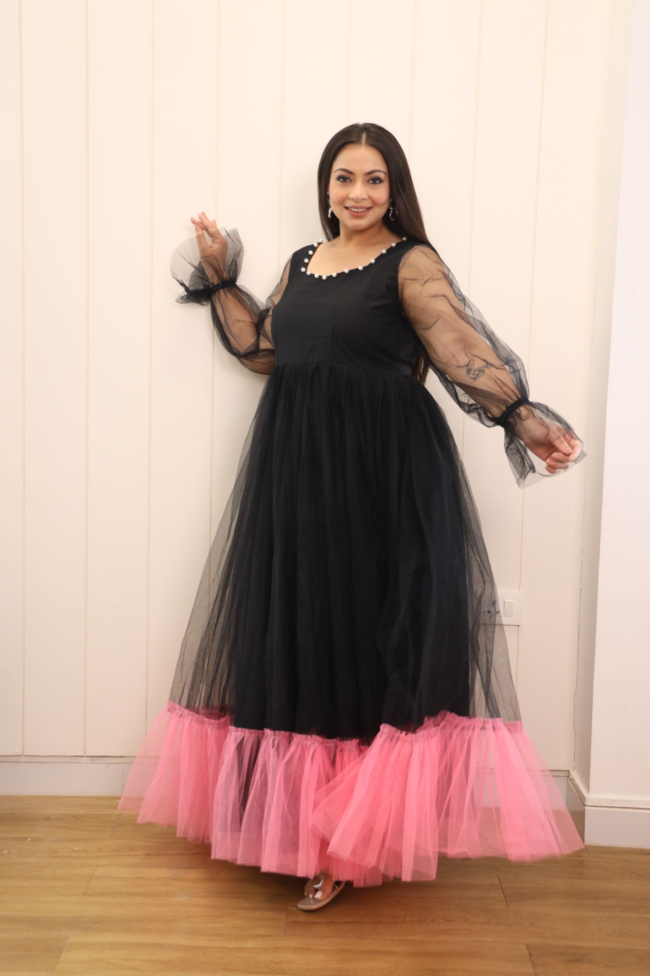 Black And Pink Net Frill Gown