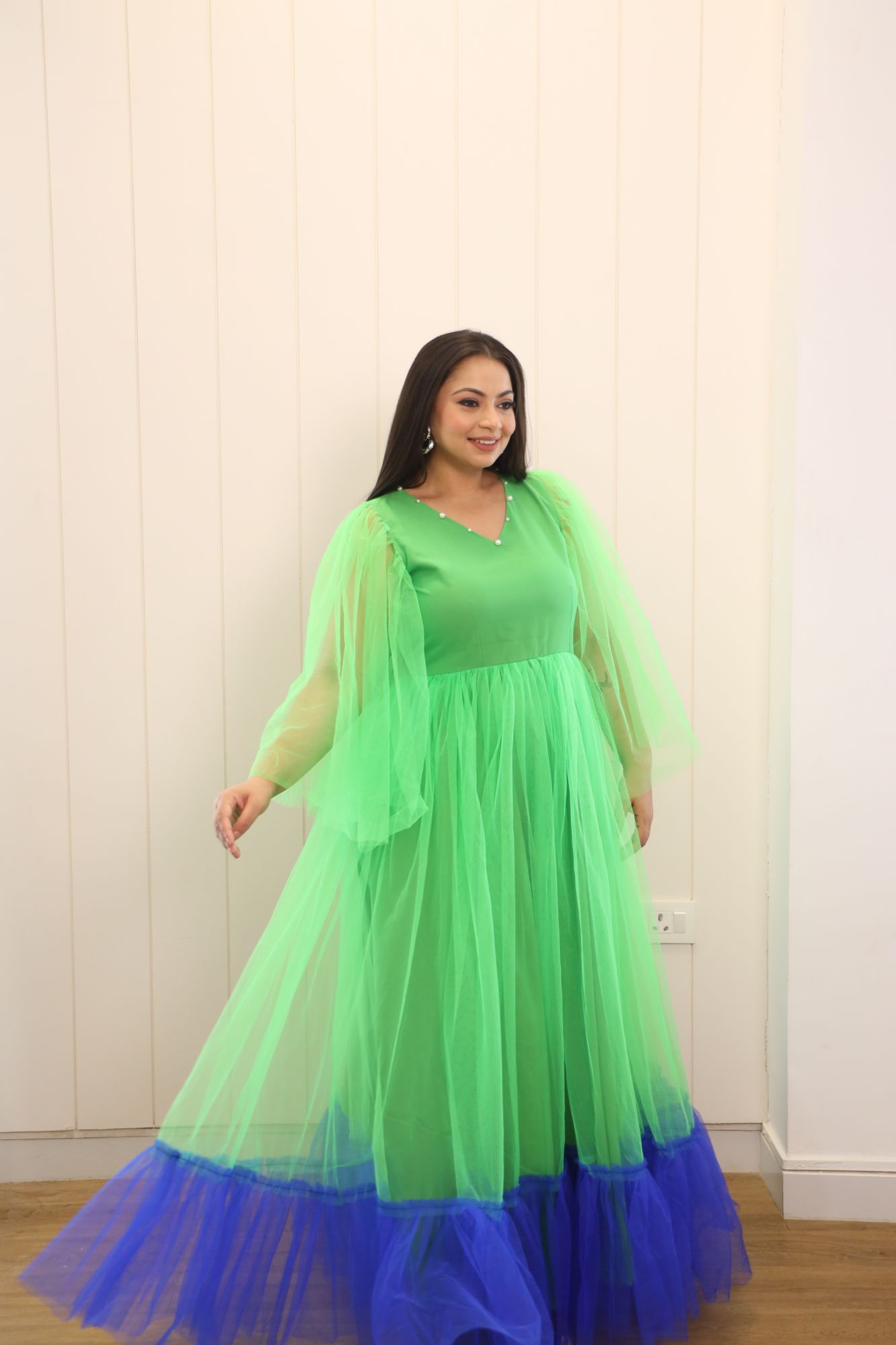 Green and Blue Pearl Net Frill Gown