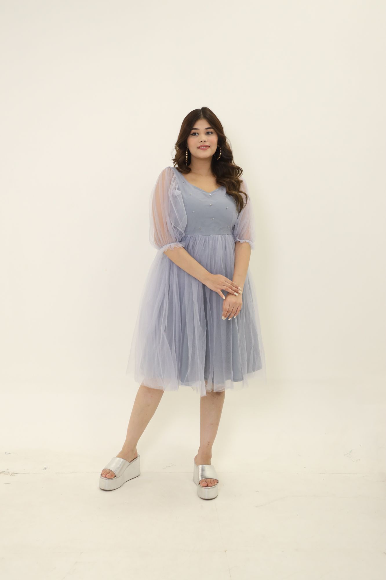 Grey Star Embellished Flared Short Dress