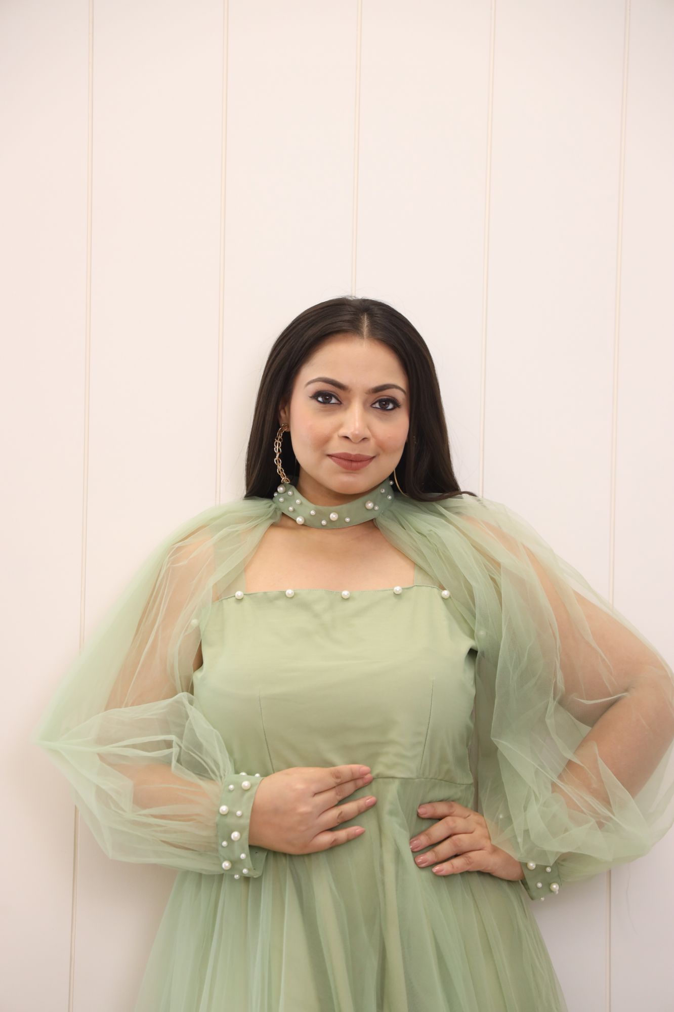 Shades Of Green Net Frill Gown With Collarband