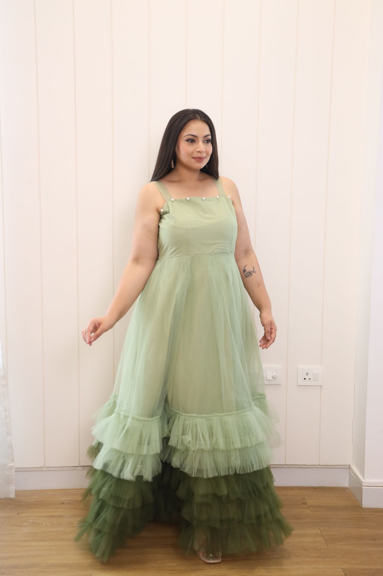 Shades Of Green Net Frill Gown