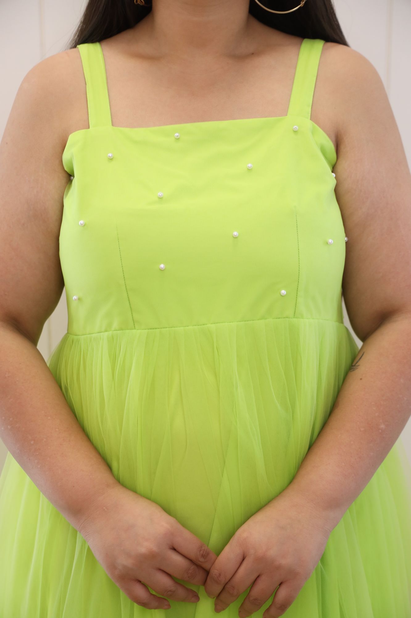 Neon Pearl Net Frill Gown