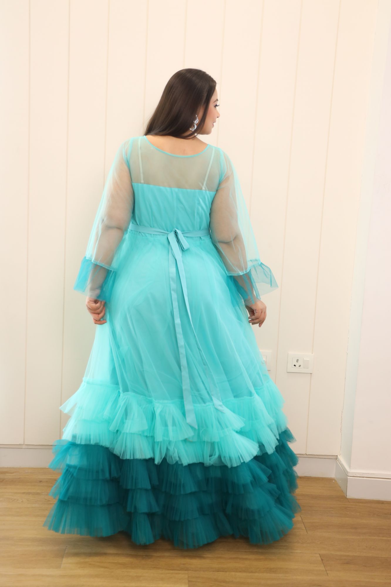 Blue Shaded Pearl Net Frill Gown