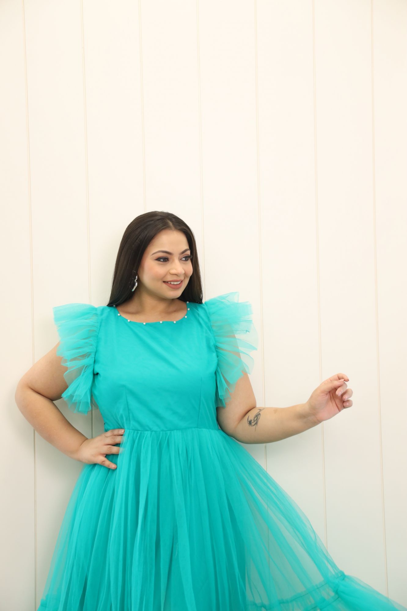 Blue Heart Pearl Net Frill Gown