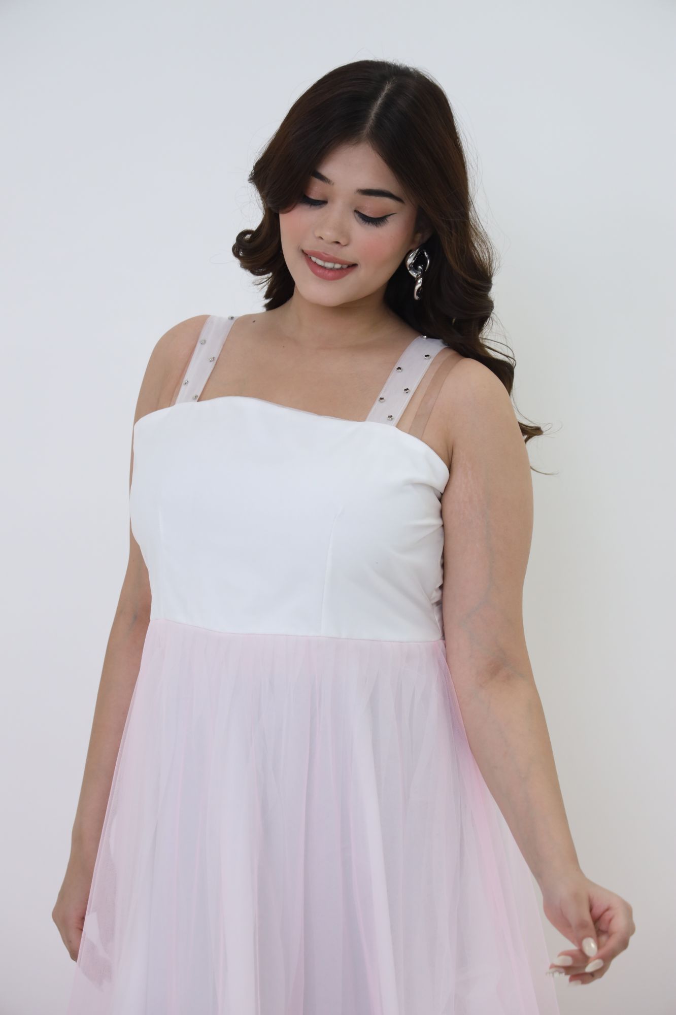 Pink And White Net Frill Gown