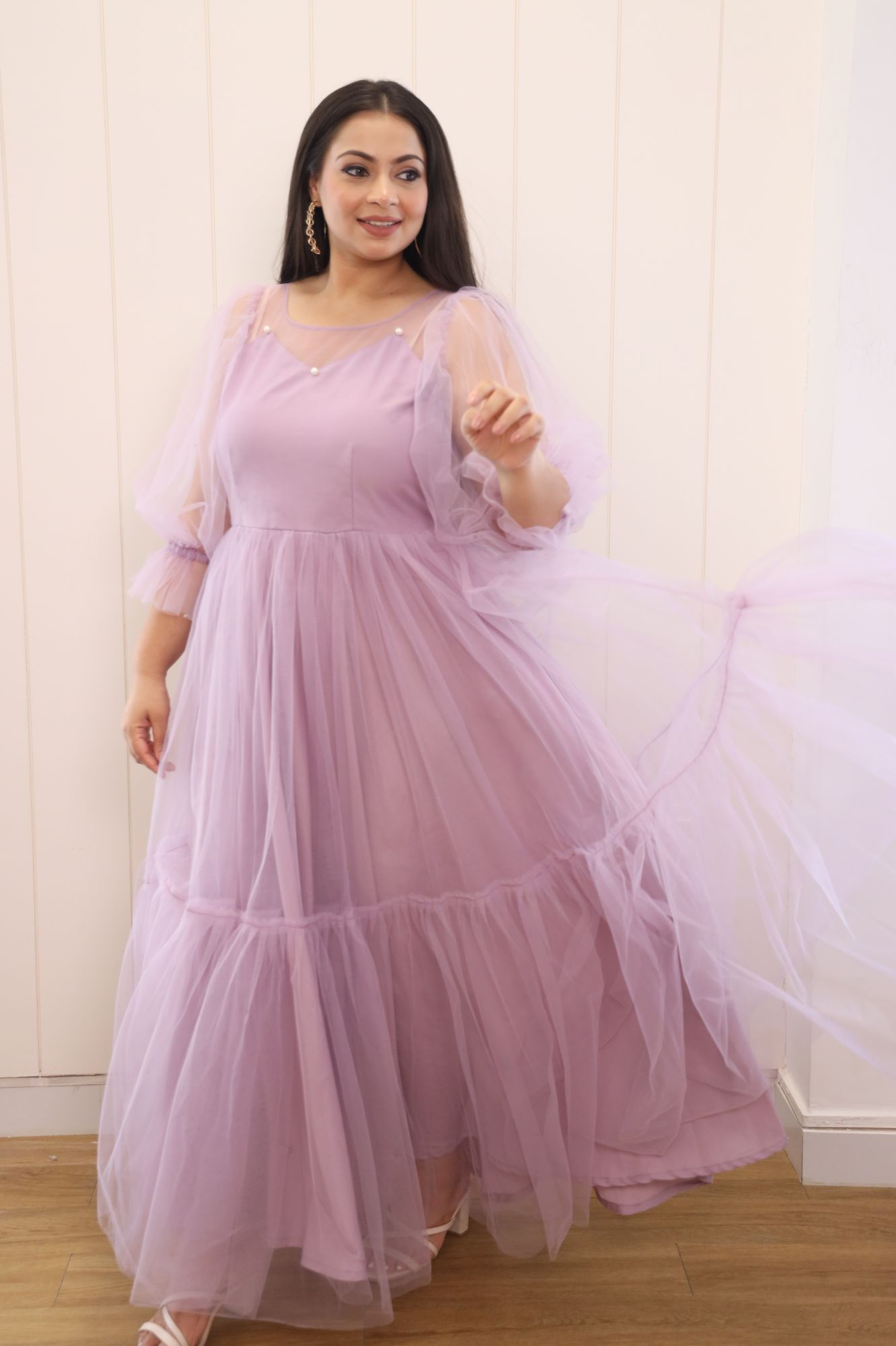 Dusty Lavender Pearl Net Frill Gown