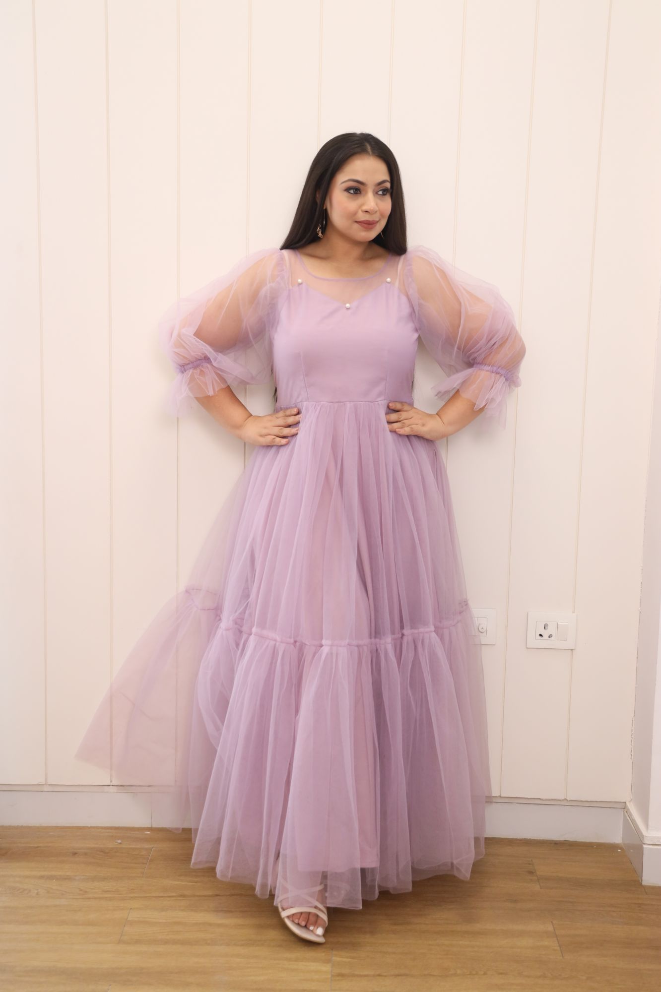 Dusty Lavender Pearl Net Frill Gown - Main Image