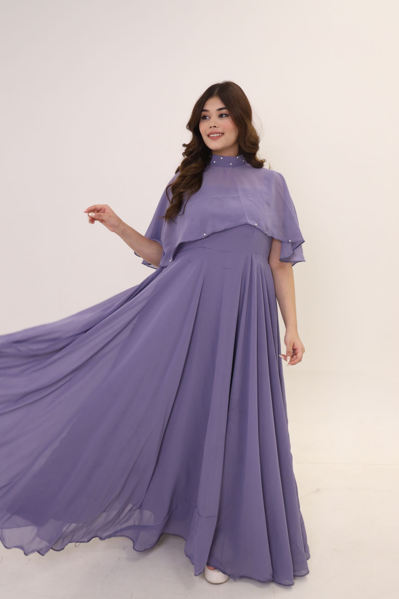 Dusty Purple Georgette Dress With Cape