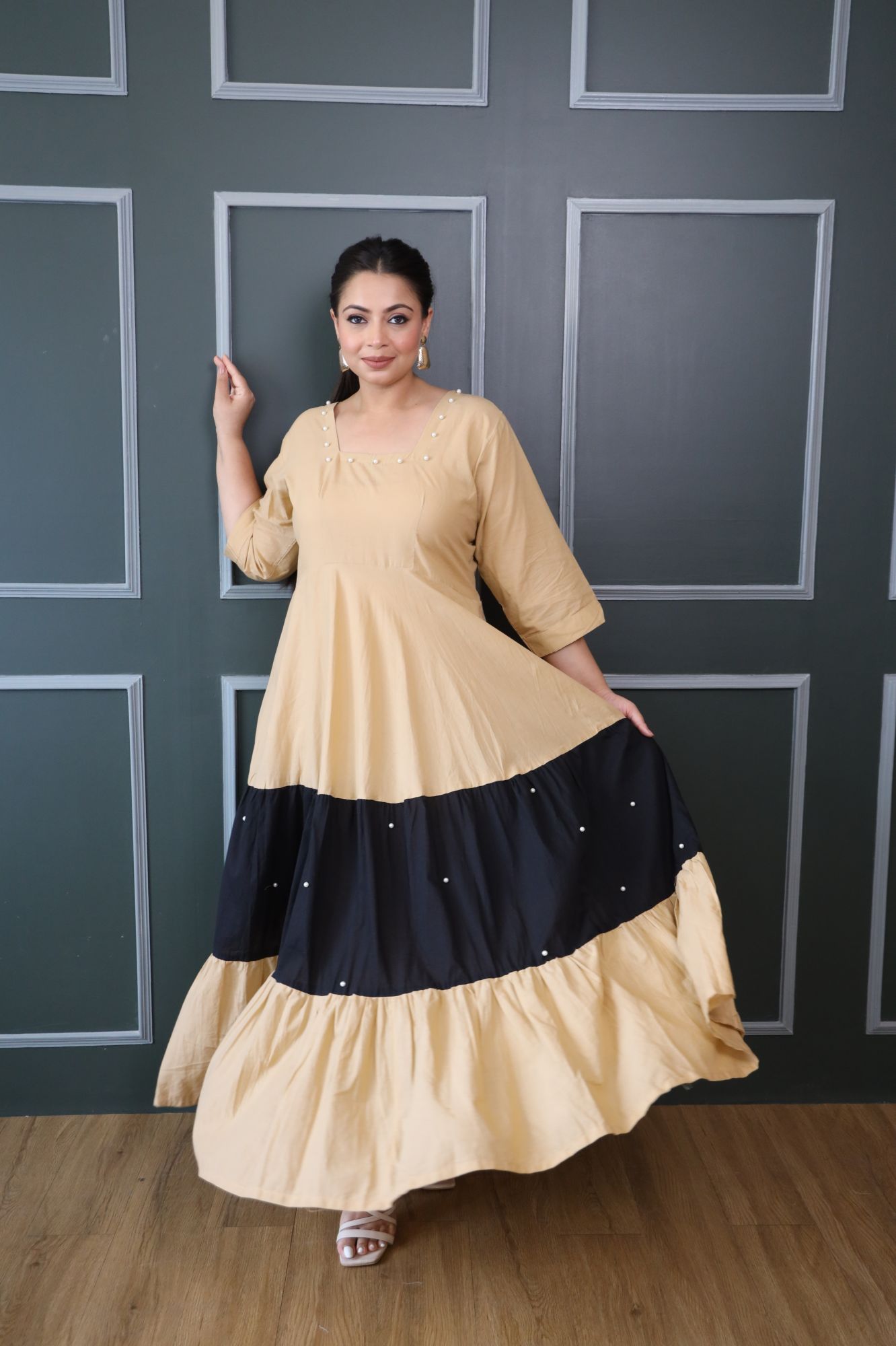 Beige And Black Cotton Tiered Dress