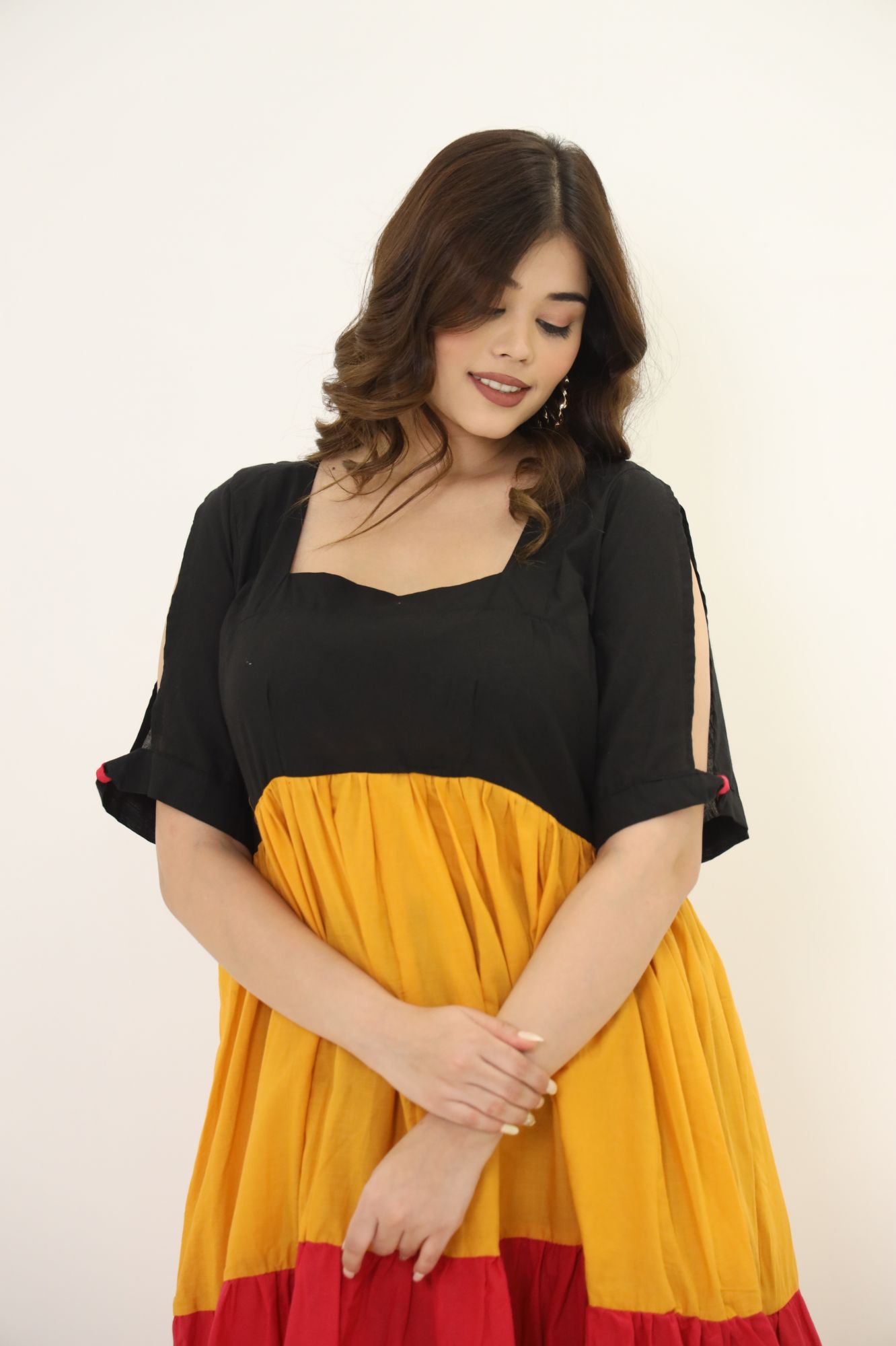 Black Mustard And Red Cotton Tiered Dress