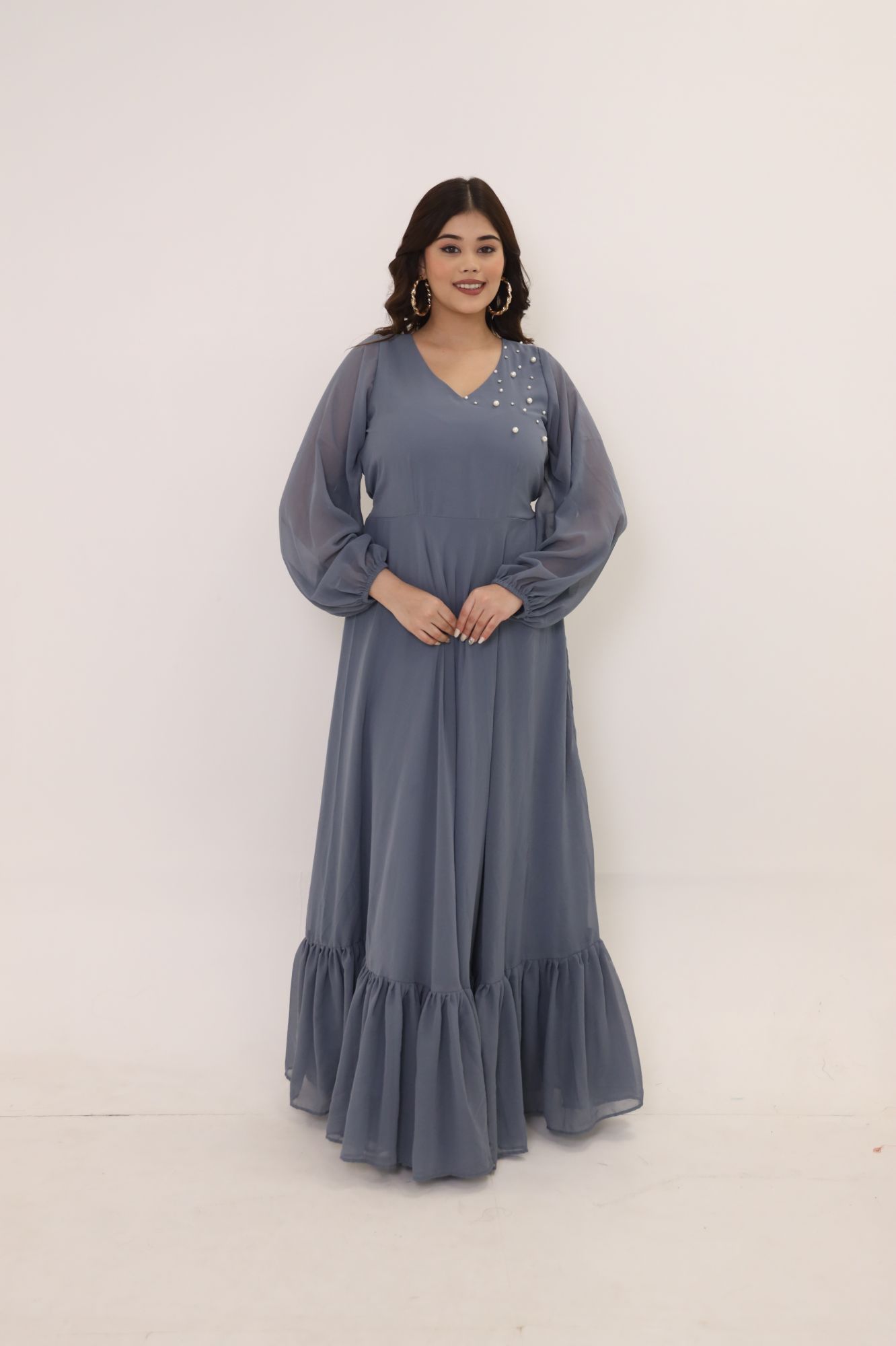 Grey Frill Georgette Dress