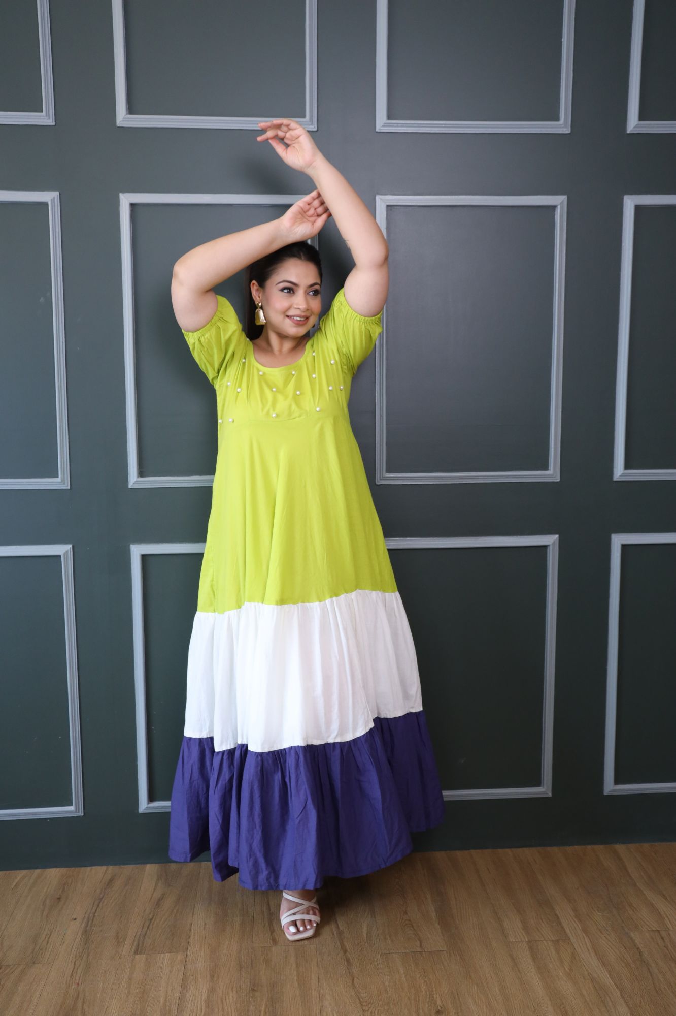 Green White And Purple Cotton Tiered Dress