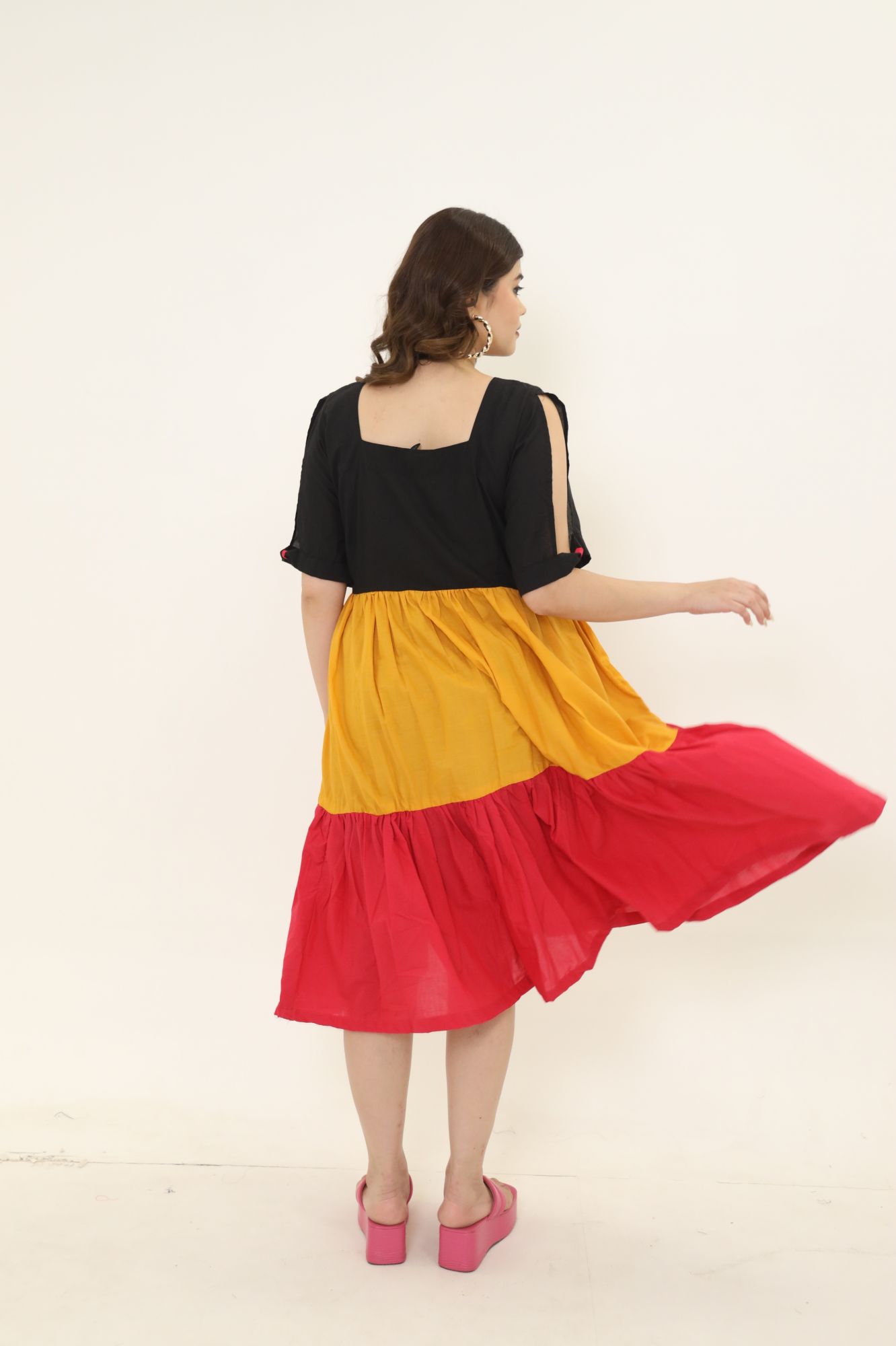 Black Mustard And Red Cotton Tiered Dress