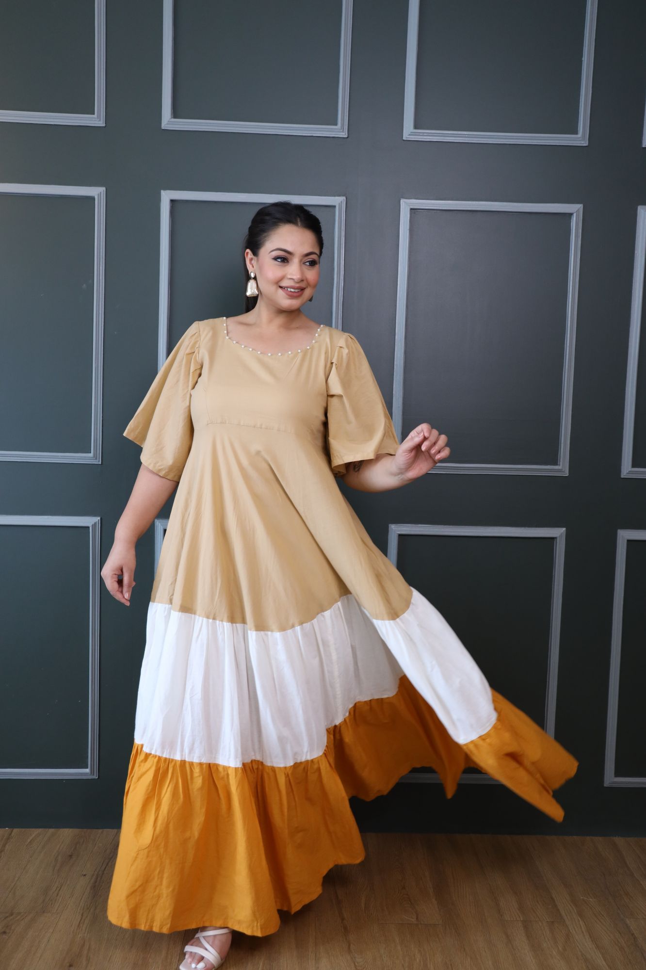 Beige White and Mustard Cotton Tiered Dress