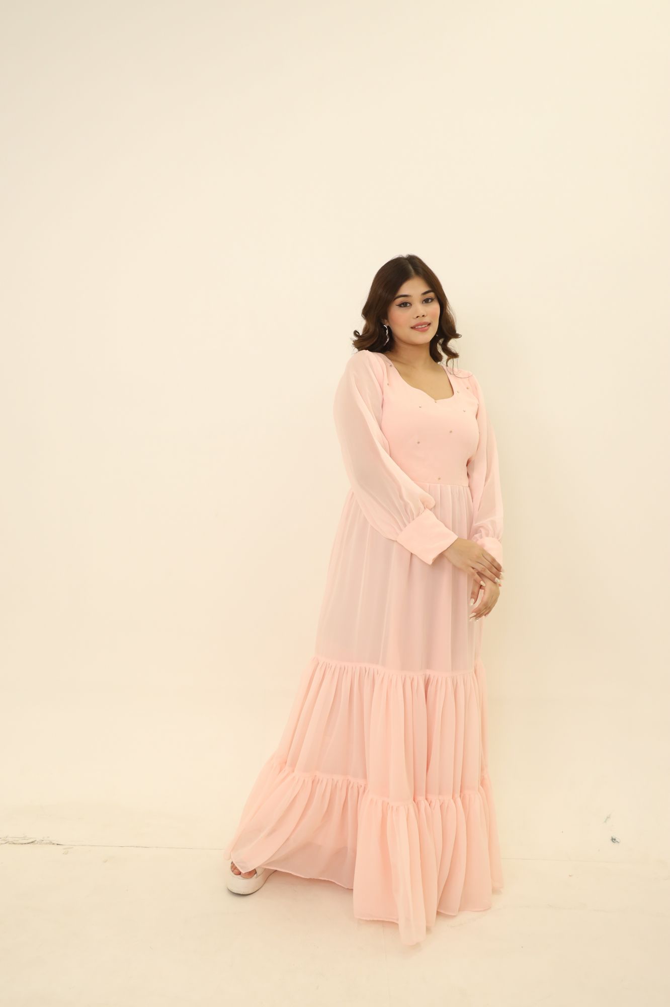 Pastel Peach Tiered Georgette Dress