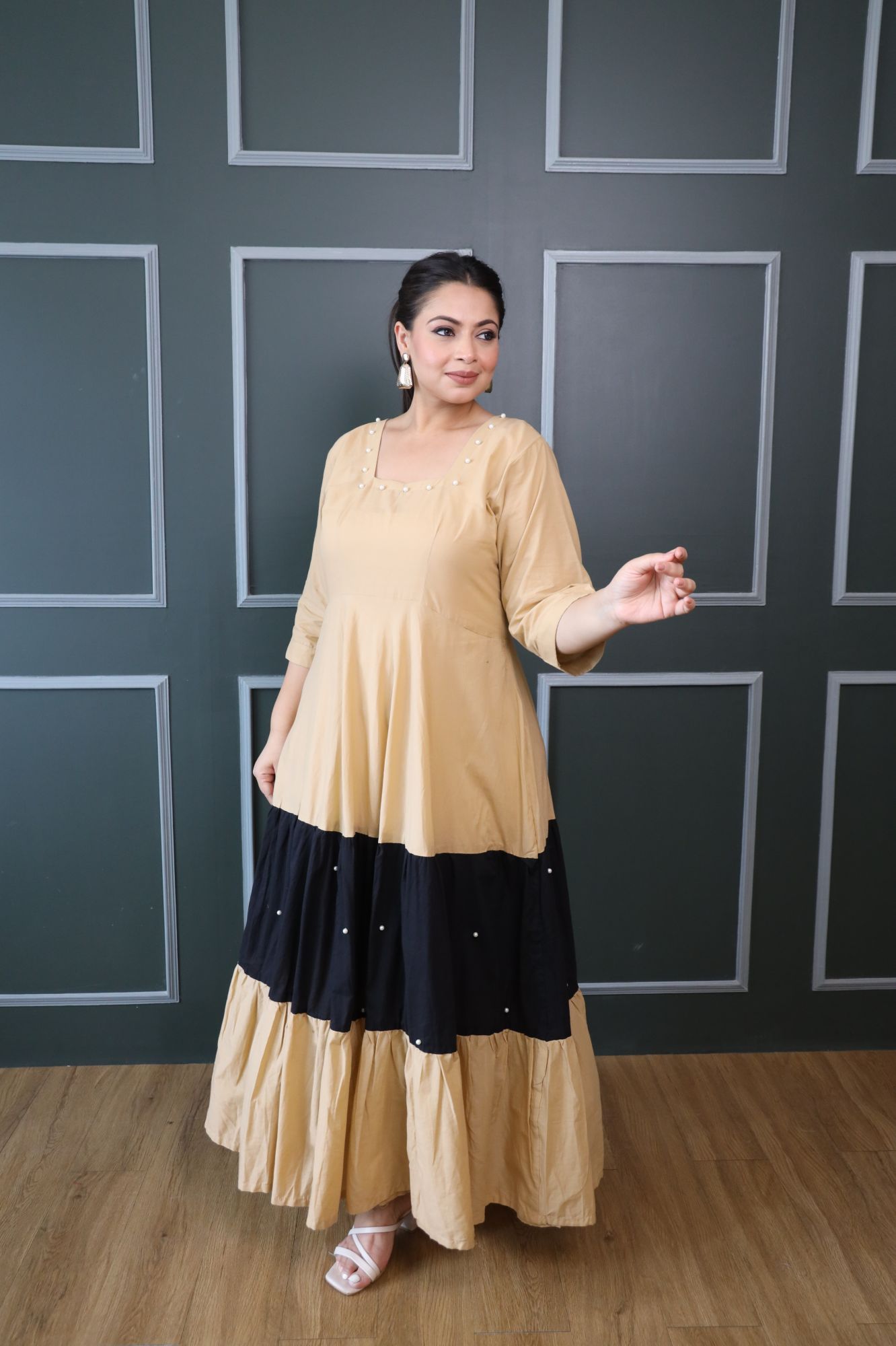 Beige And Black Cotton Tiered Dress