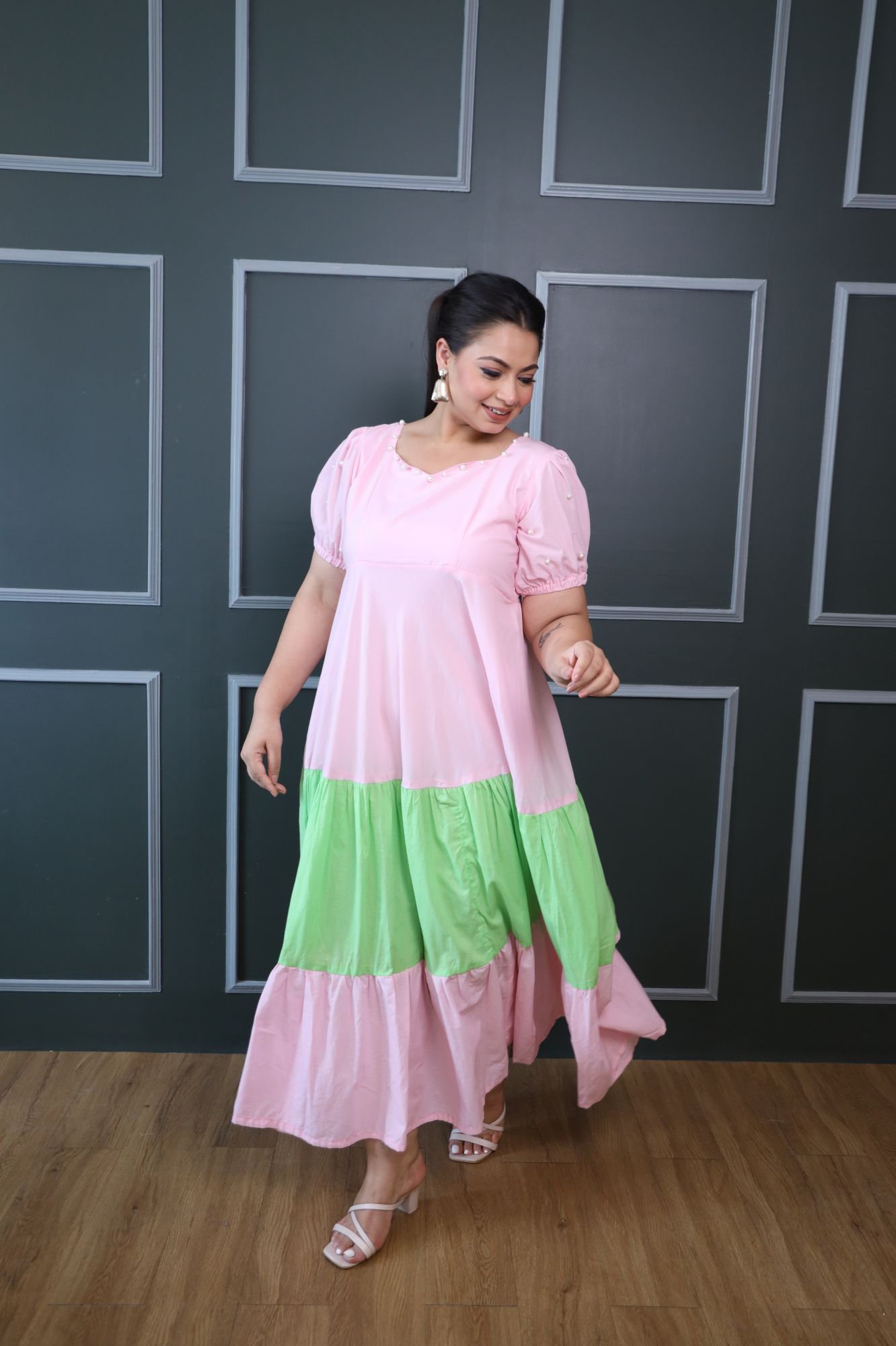 Baby Pink And Green Cotton Tiered Dress