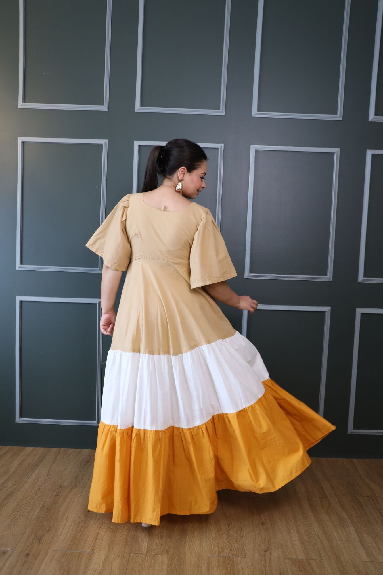 Beige White and Mustard Cotton Tiered Dress