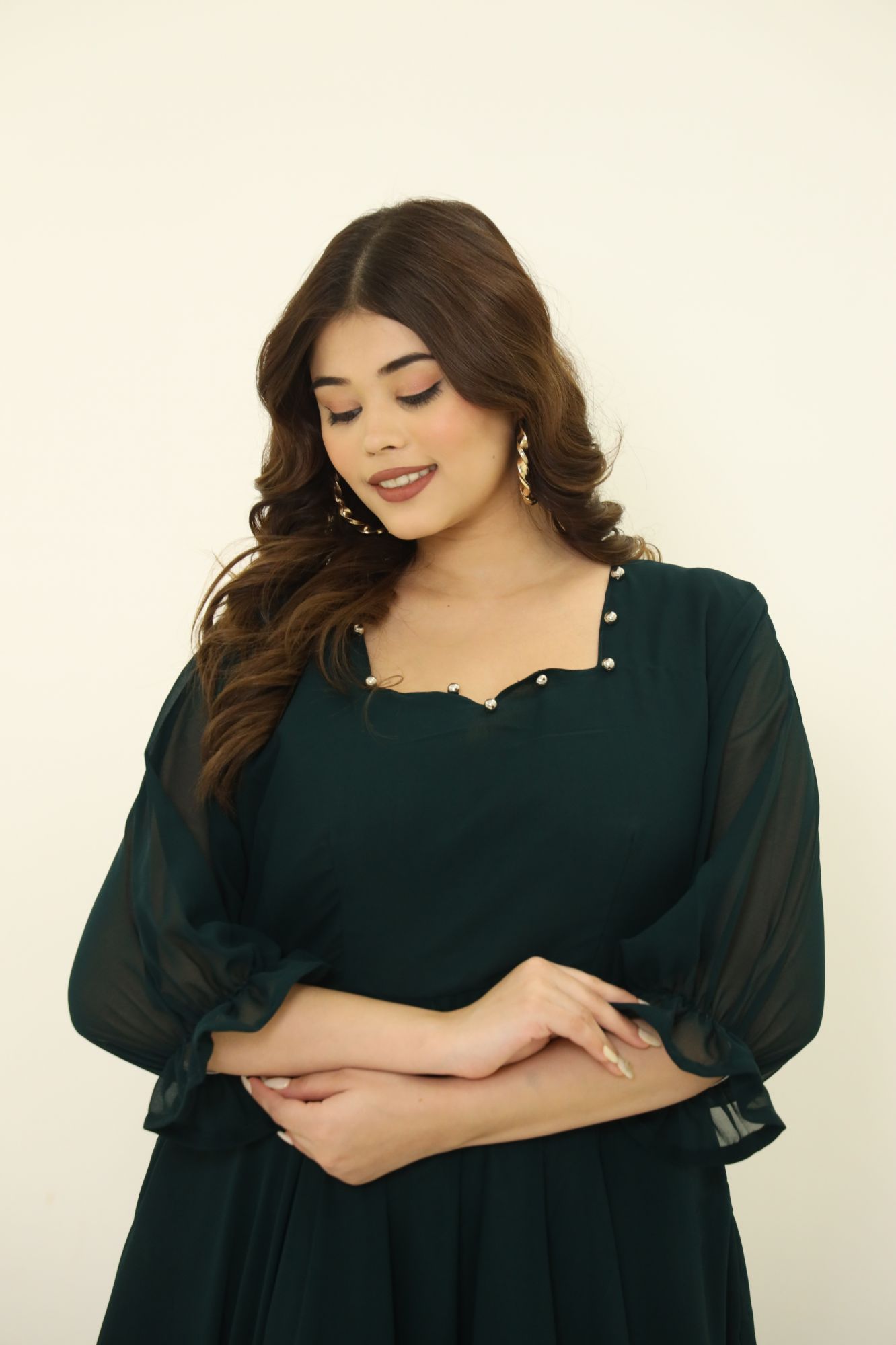 Bottle Green Frill Georgette Dress