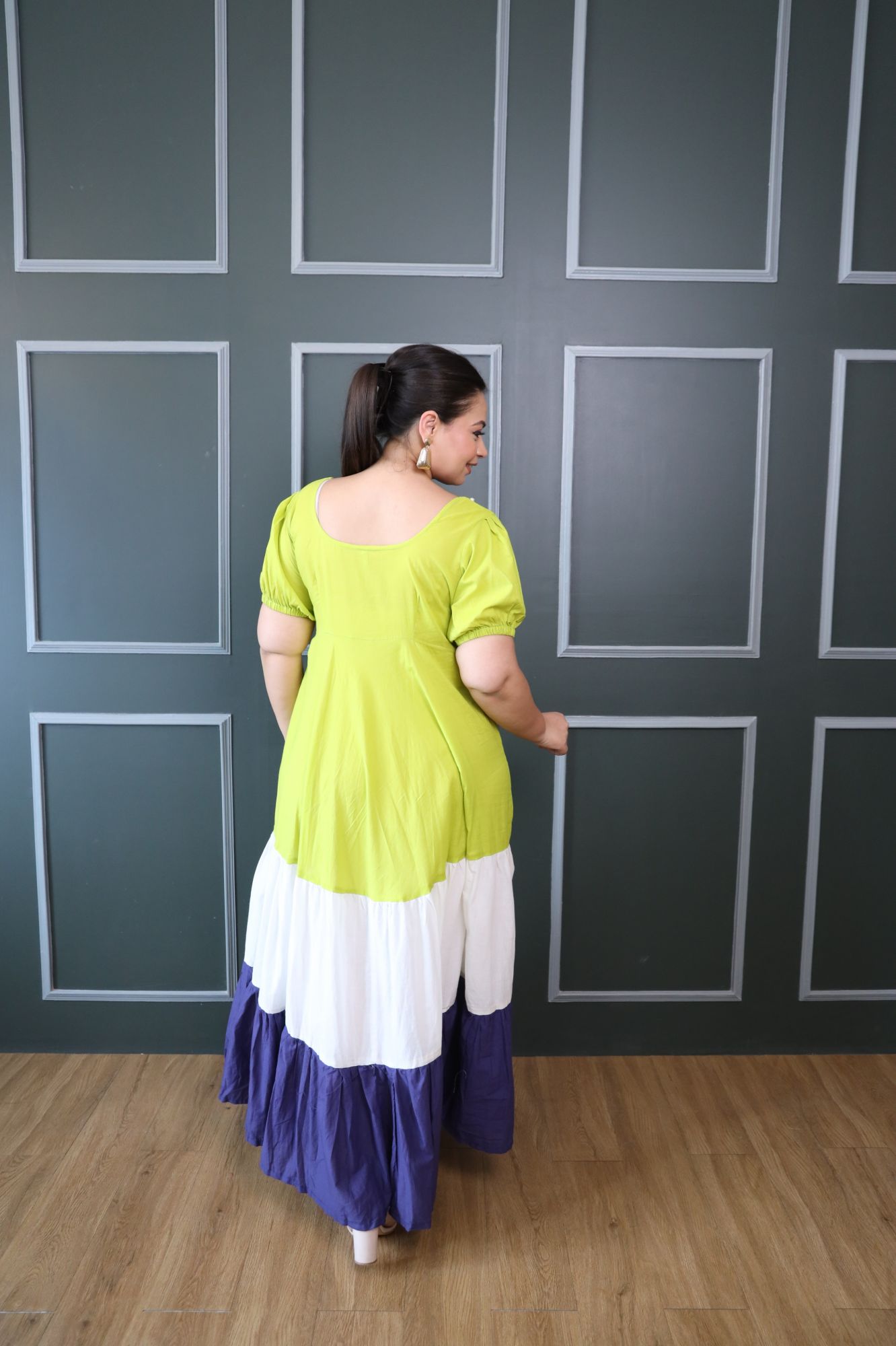 Green White And Purple Cotton Tiered Dress