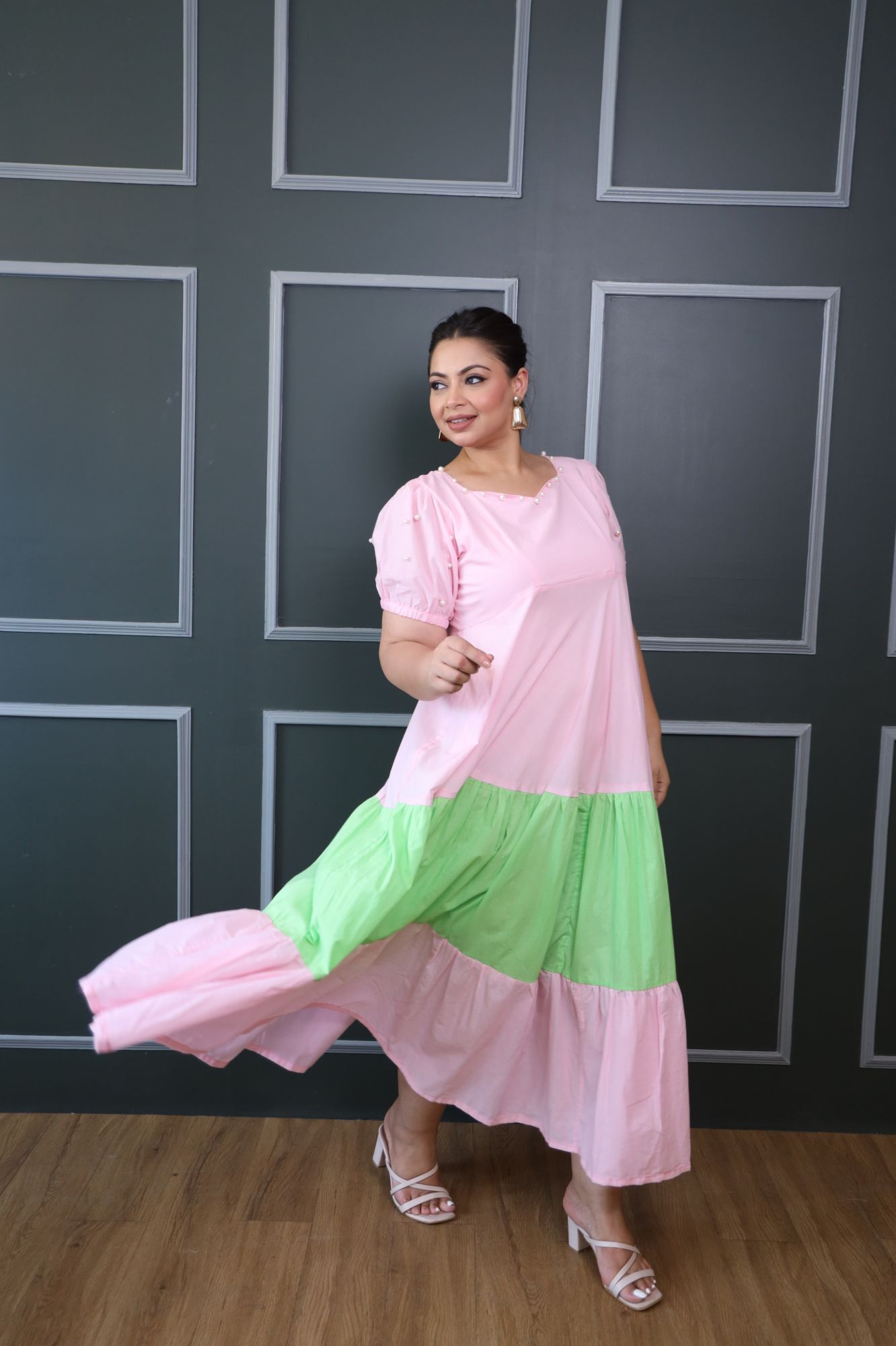 Baby Pink And Green Cotton Tiered Dress