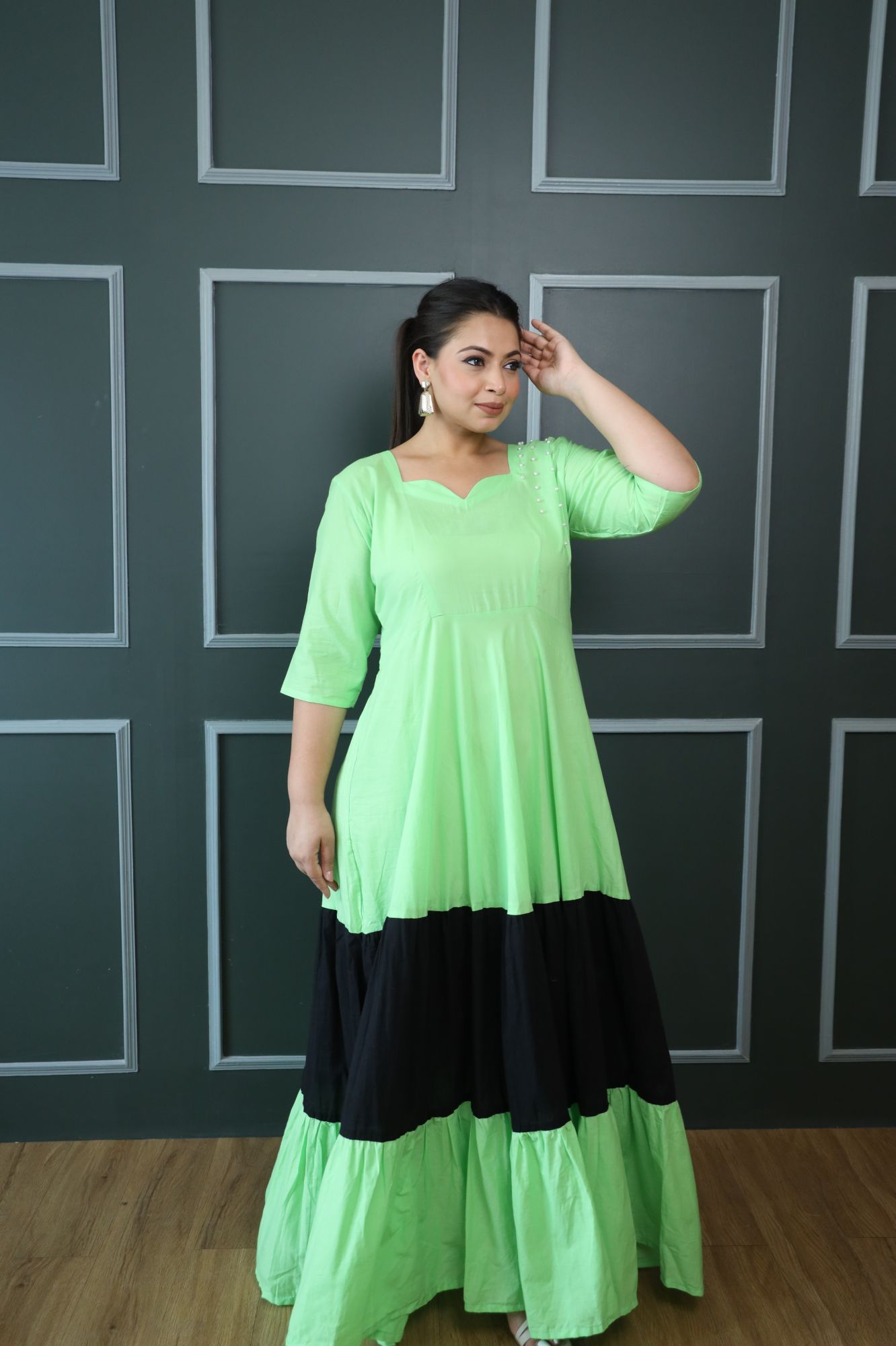 Green And Black Cotton Tiered Dress