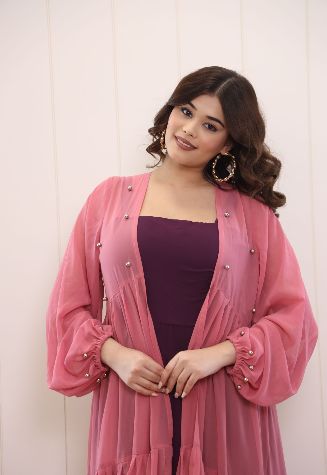 Wine Georgette Dress With Onion And Wine Shrug