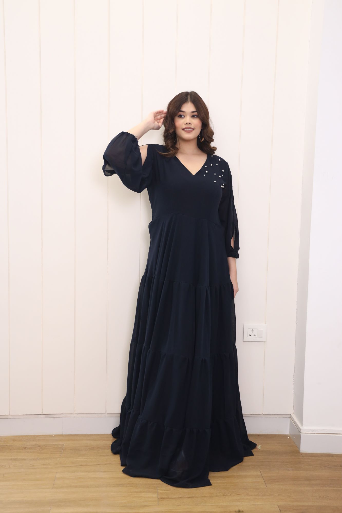 Dark Blue Tiered Georgette Dress