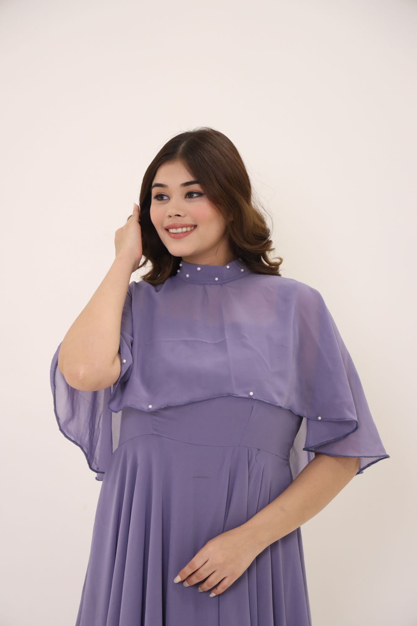 Dusty Purple Georgette Dress With Cape