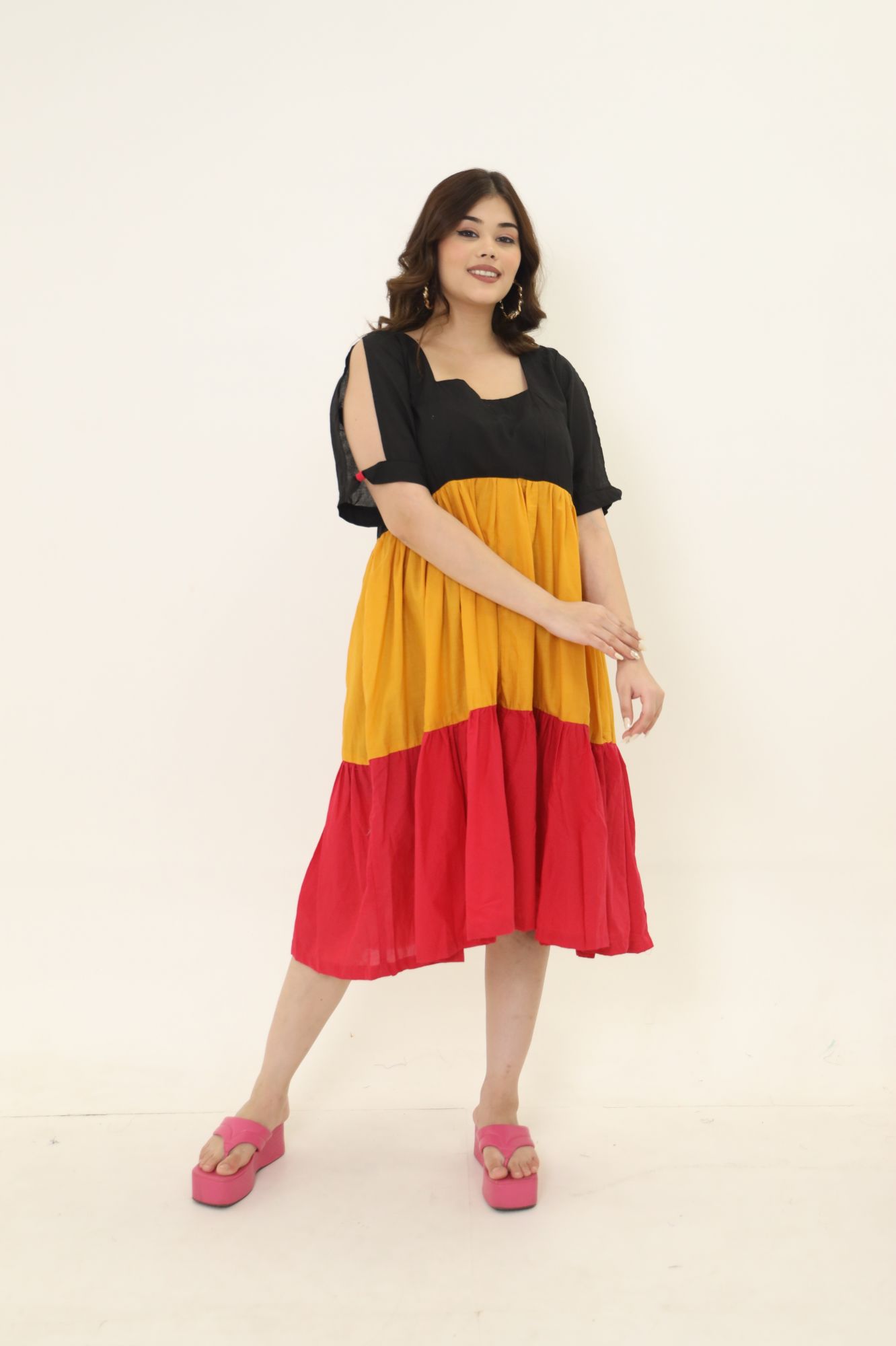 Black Mustard And Red Cotton Tiered Dress
