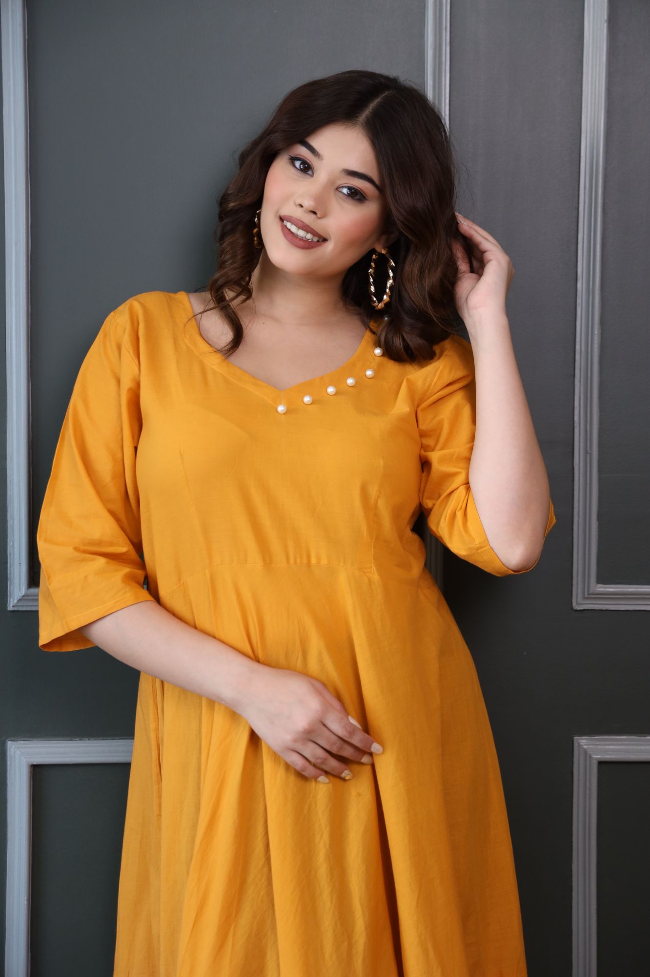 Mustard Pink And Rani Cotton Tiered Dress