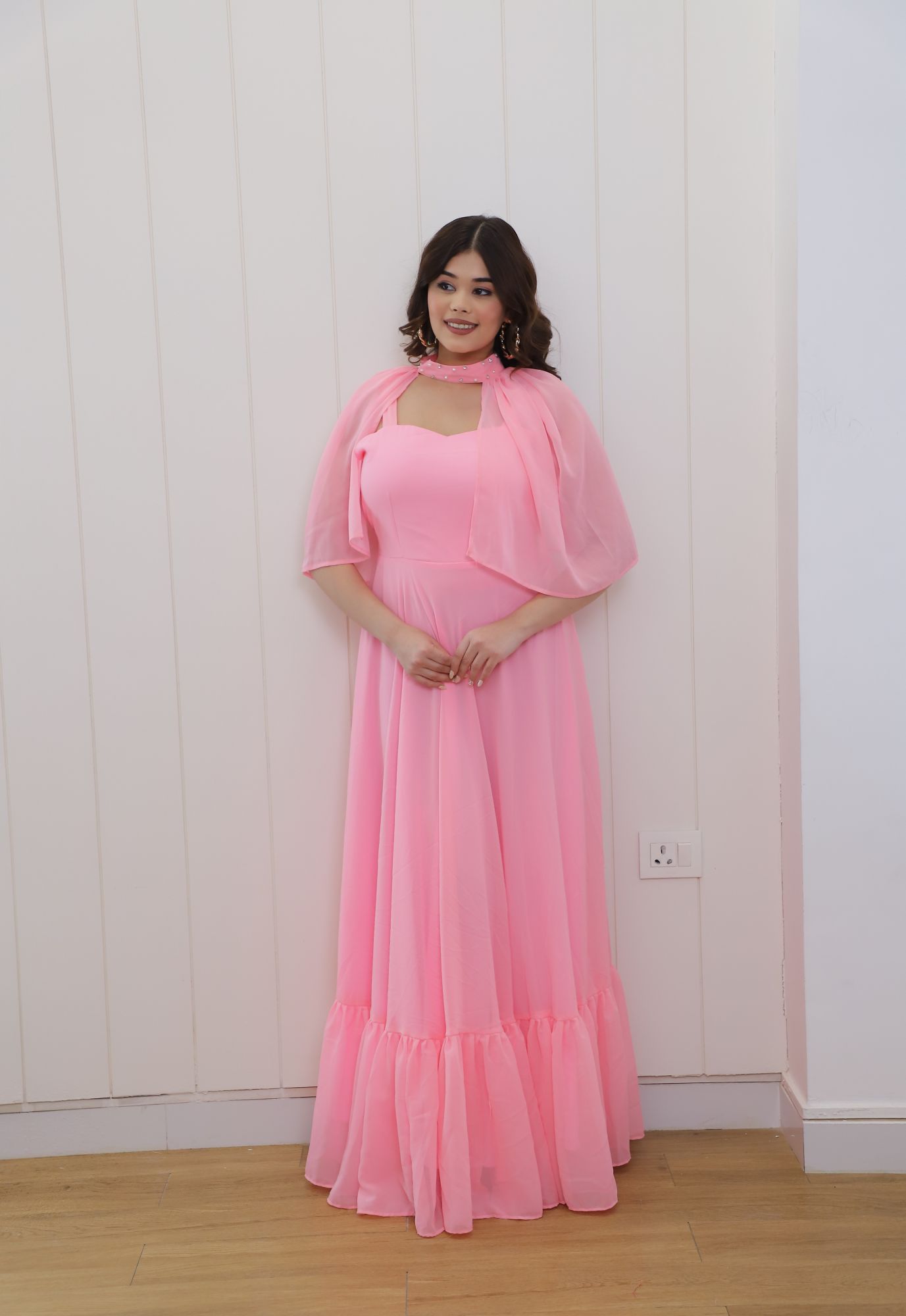 Baby Pink Georgette Dress With Cape