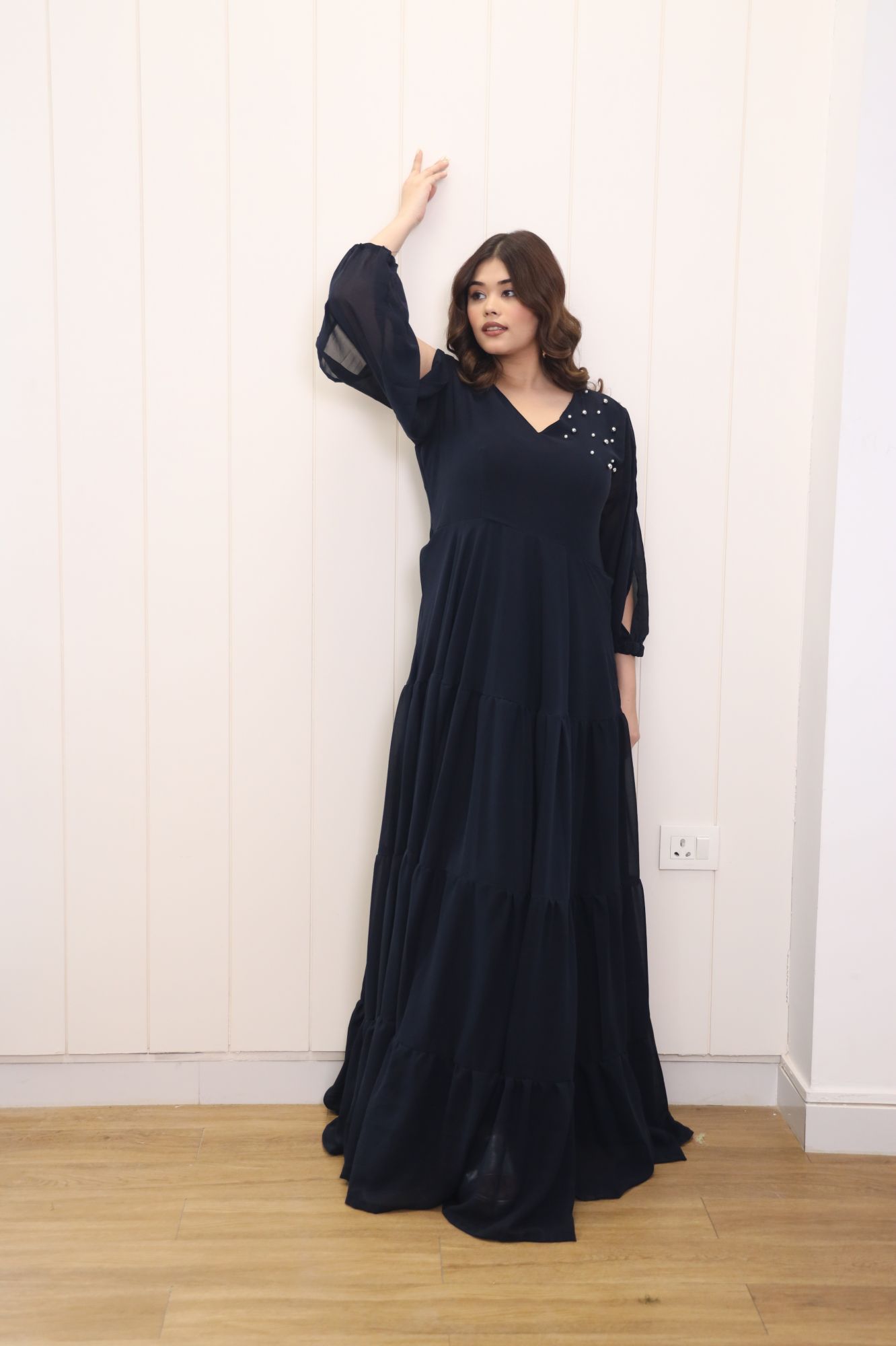 Dark Blue Tiered Georgette Dress