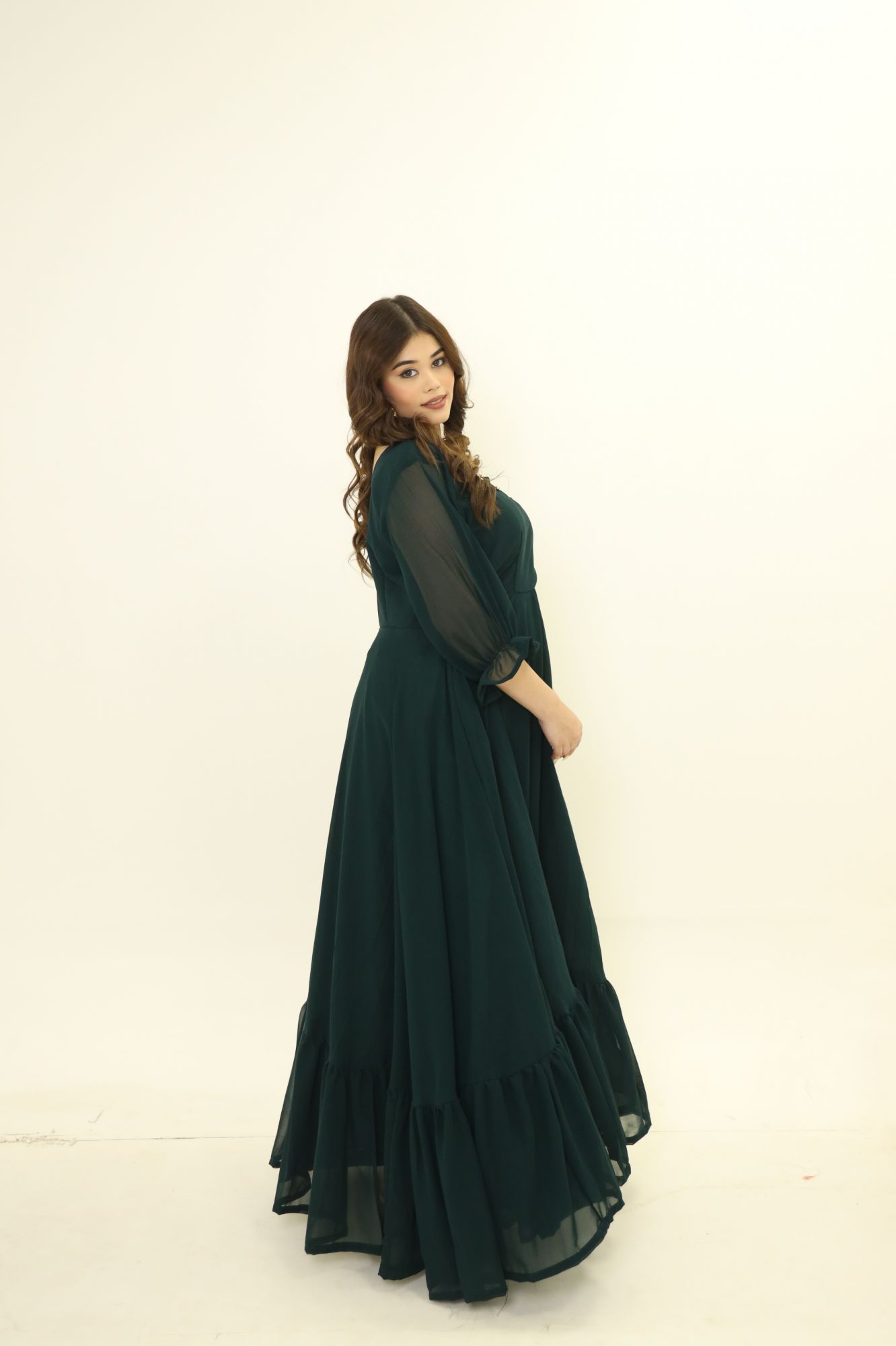 Bottle Green Frill Georgette Dress