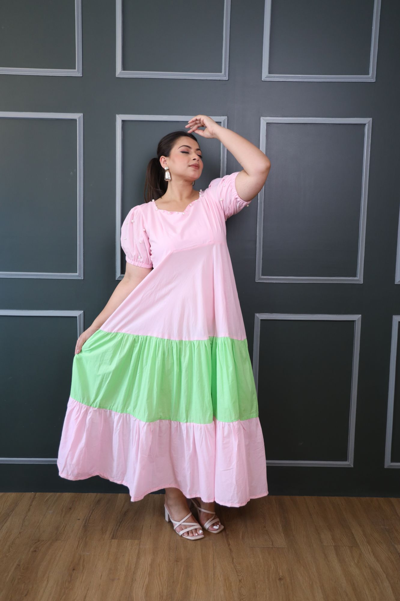 Baby Pink And Green Cotton Tiered Dress