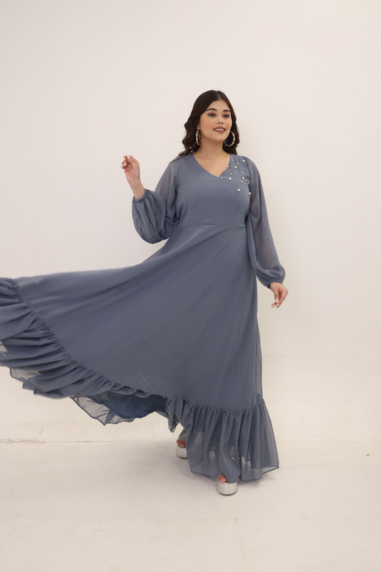 Grey Frill Georgette Dress