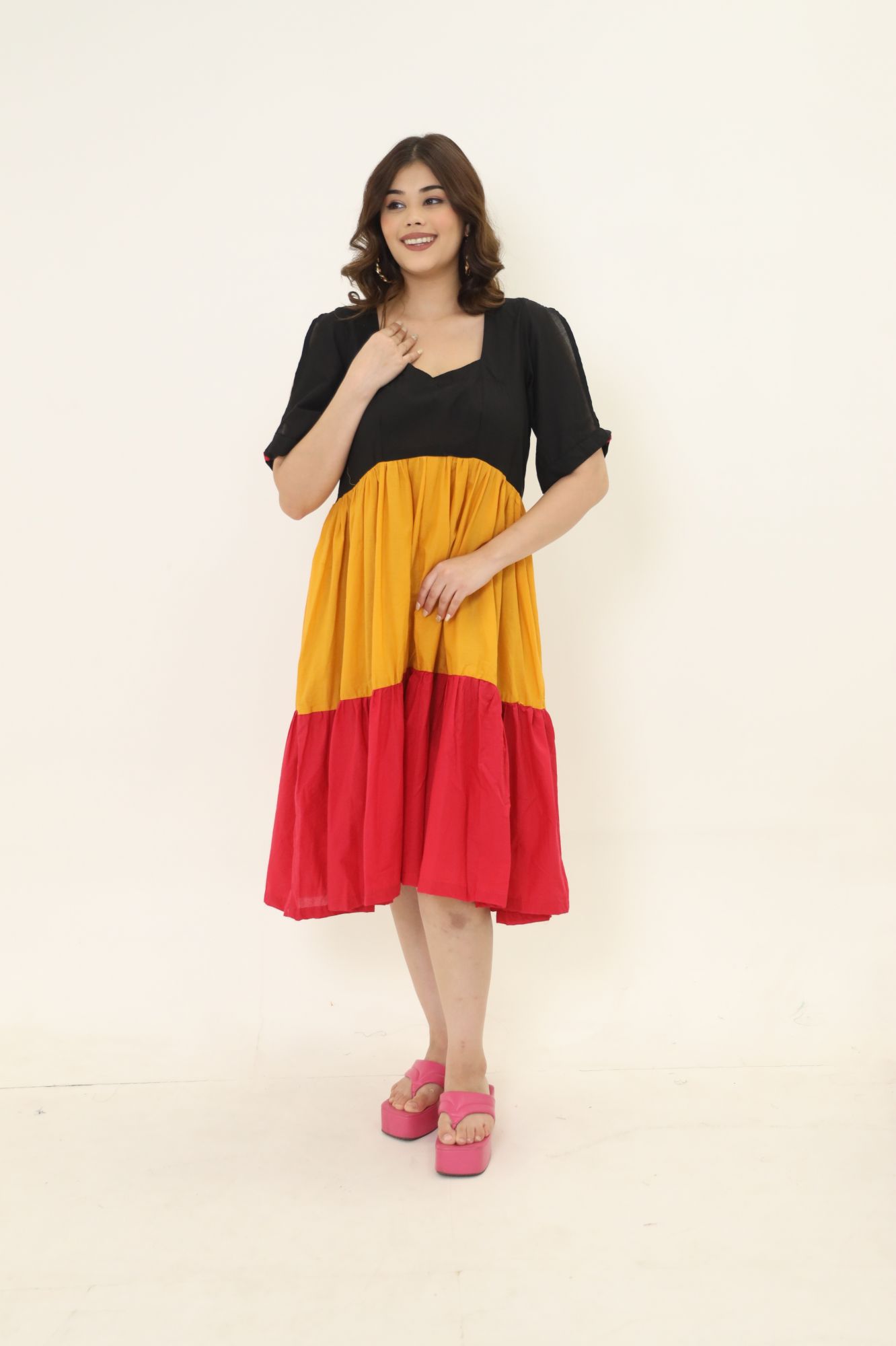 Black Mustard And Red Cotton Tiered Dress