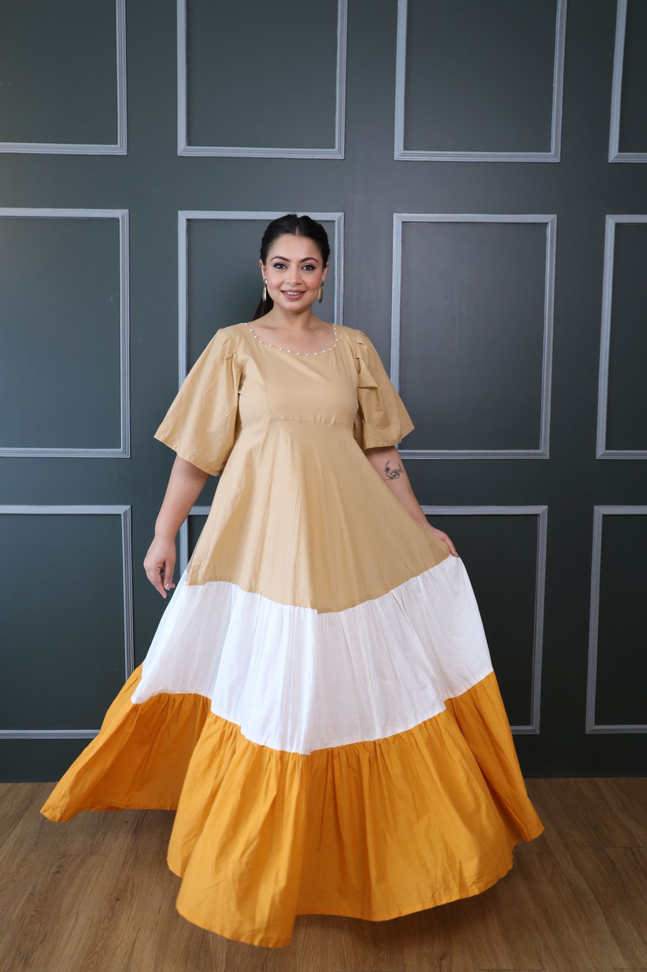 Beige White and Mustard Cotton Tiered Dress