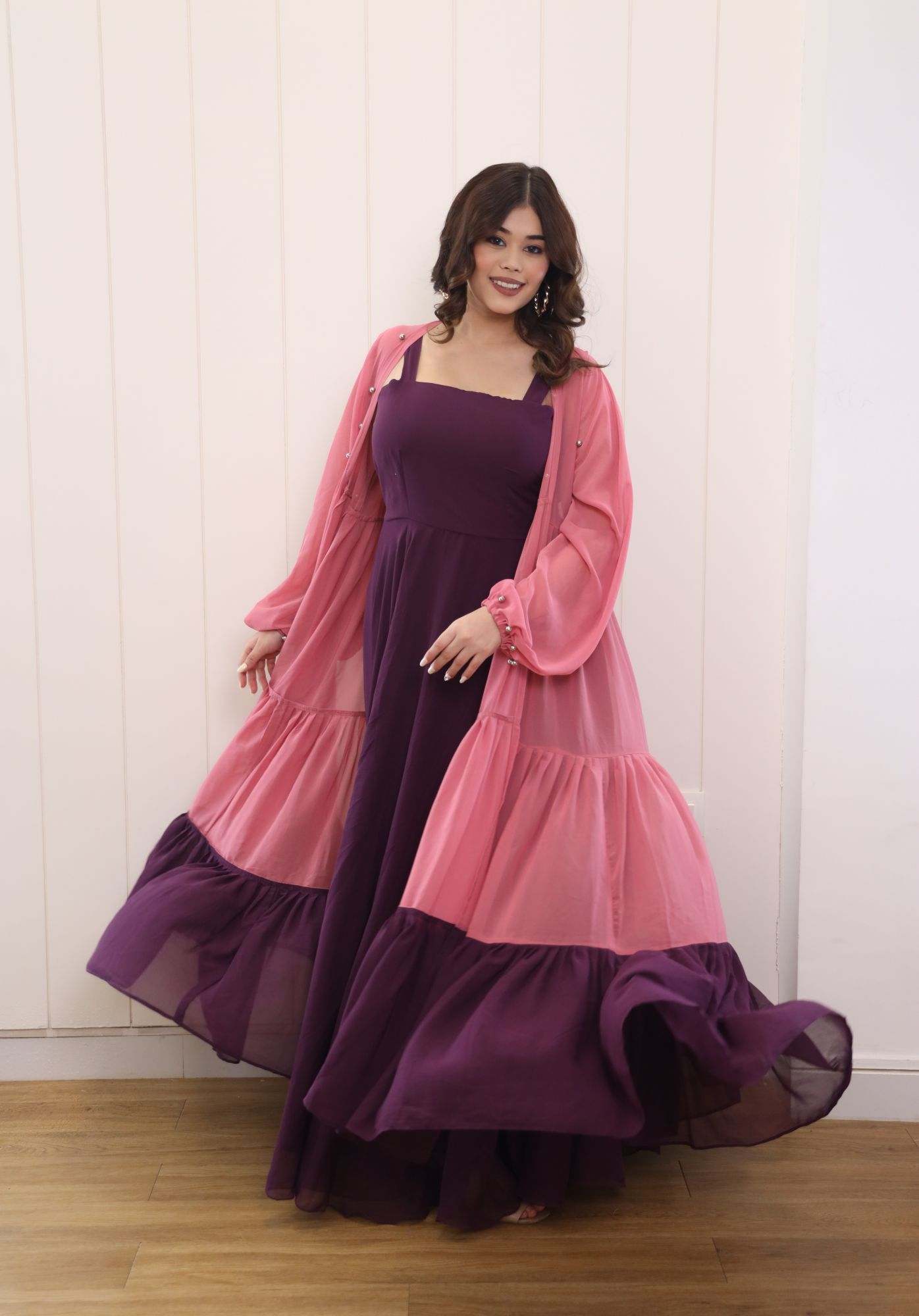 Wine Georgette Dress With Onion And Wine Shrug