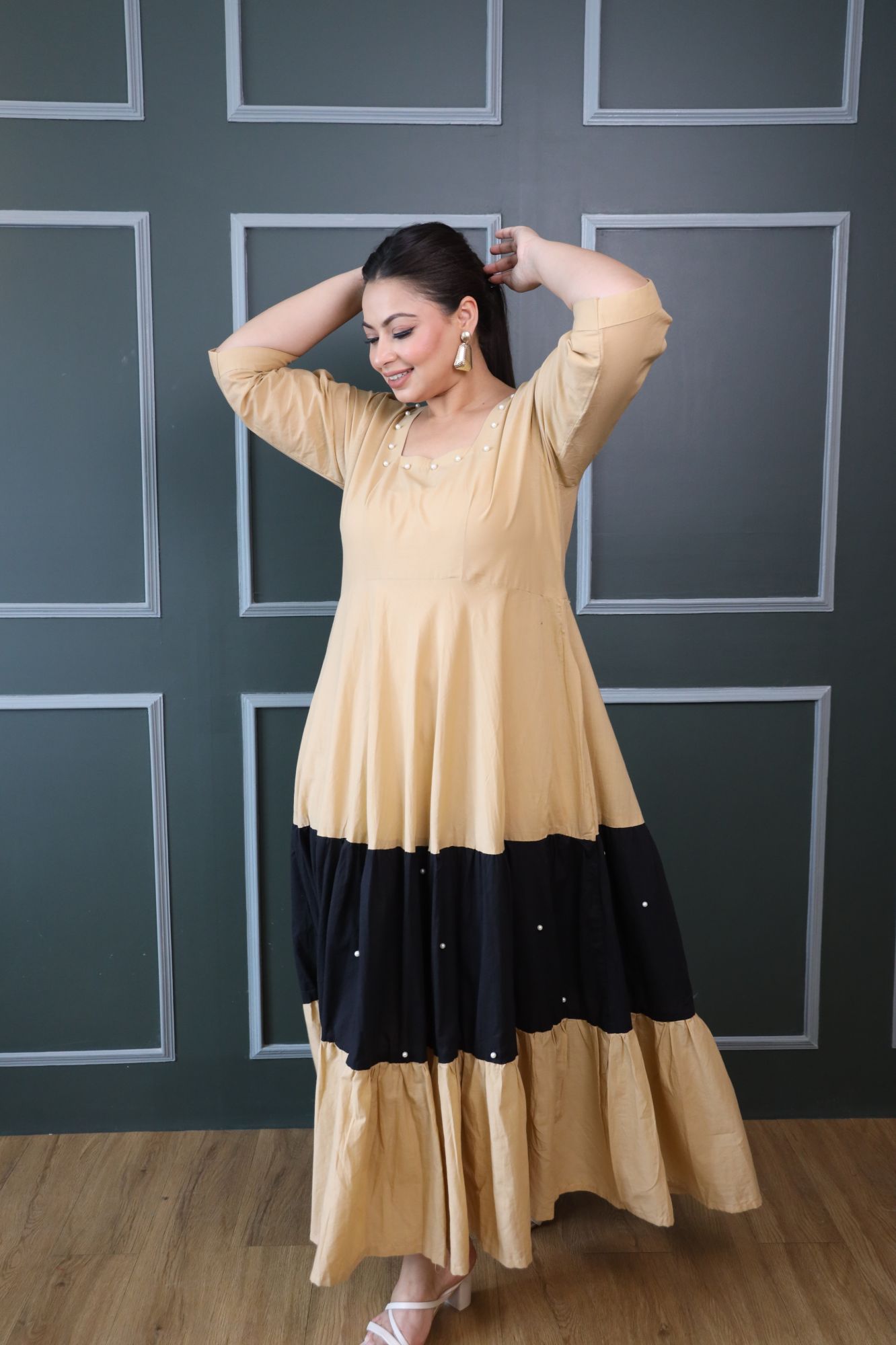 Beige And Black Cotton Tiered Dress