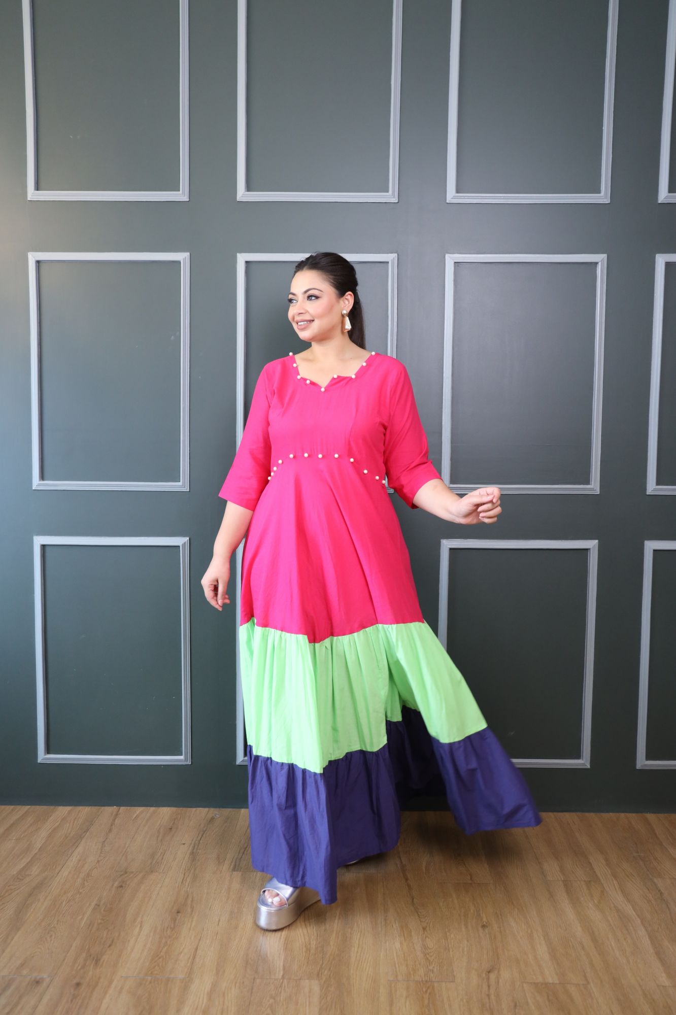 Pink Green And Purple Cotton Tiered Dress