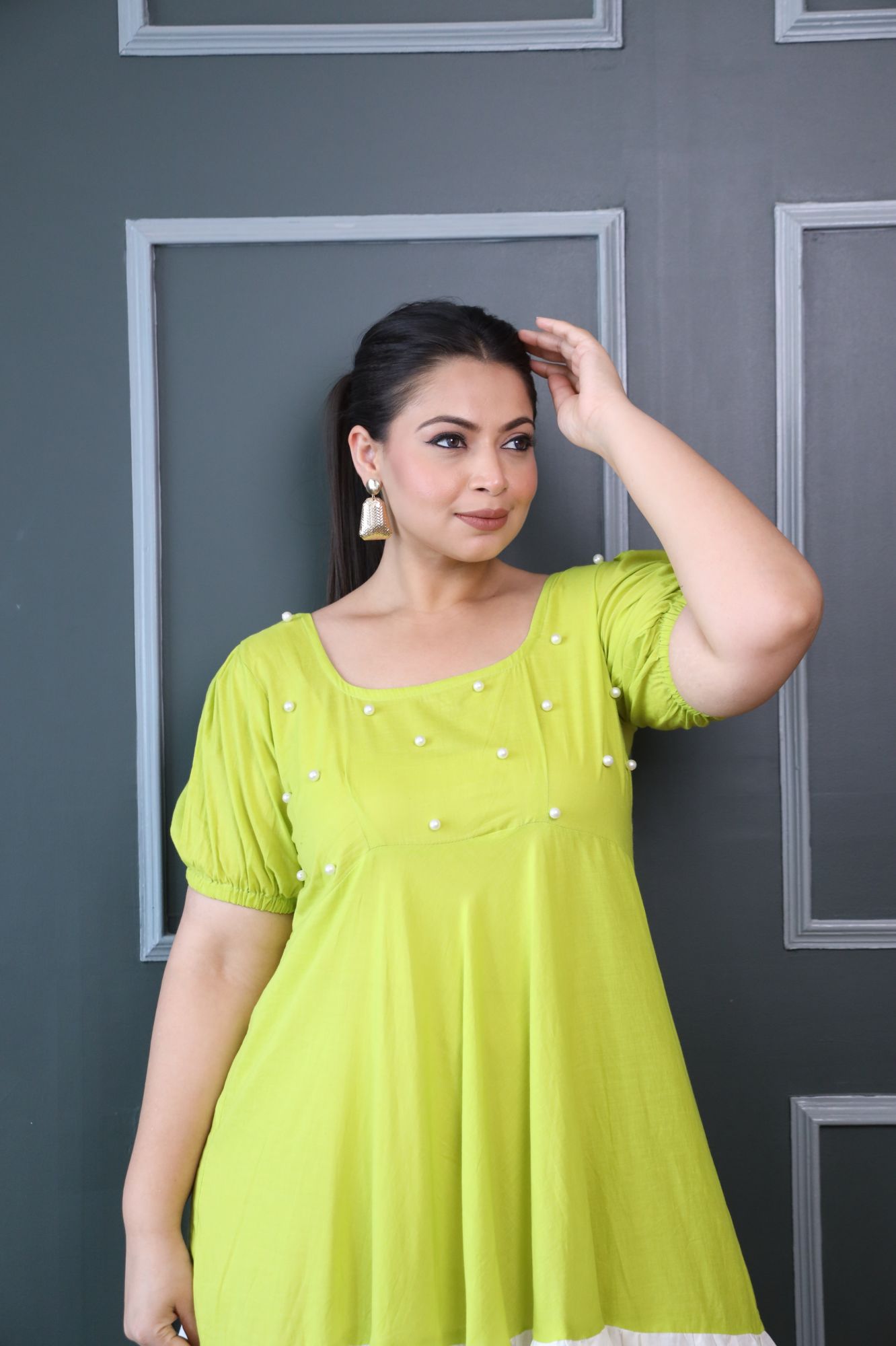 Green White And Purple Cotton Tiered Dress