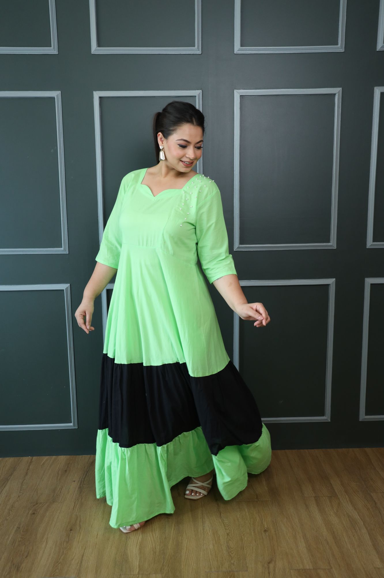 Green And Black Cotton Tiered Dress