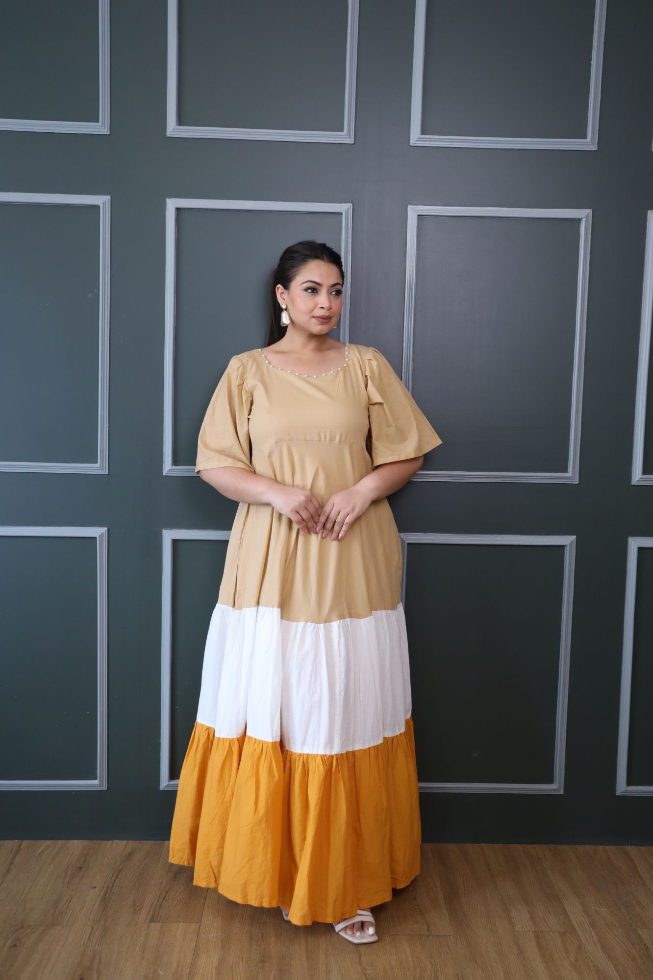Beige White and Mustard Cotton Tiered Dress