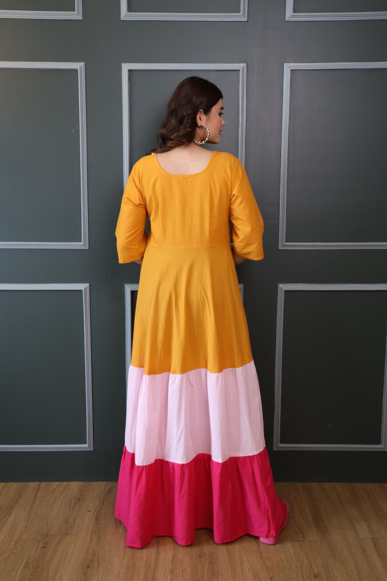 Mustard Pink And Rani Cotton Tiered Dress