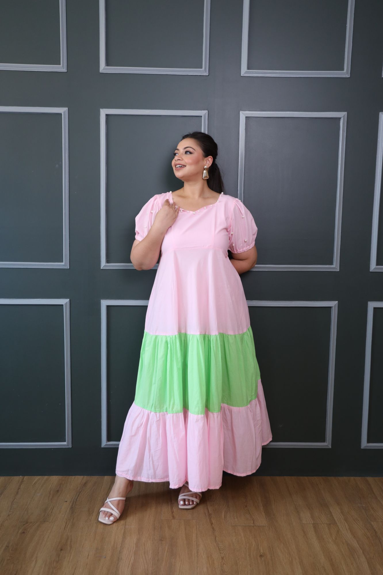 Baby Pink And Green Cotton Tiered Dress