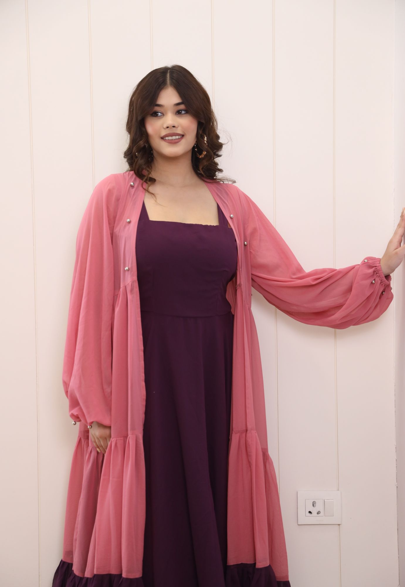 Wine Georgette Dress With Onion And Wine Shrug